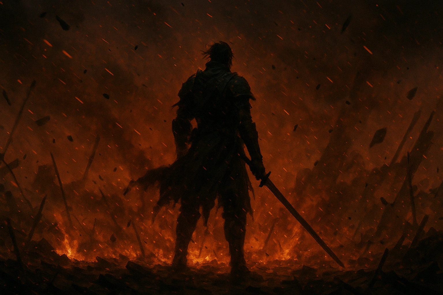 Creation by creationbyai: A lone warrior standing amid a burning battlefield, debris flying, glowing red sky above, cinematic slow-motion effect, dramatic lighting