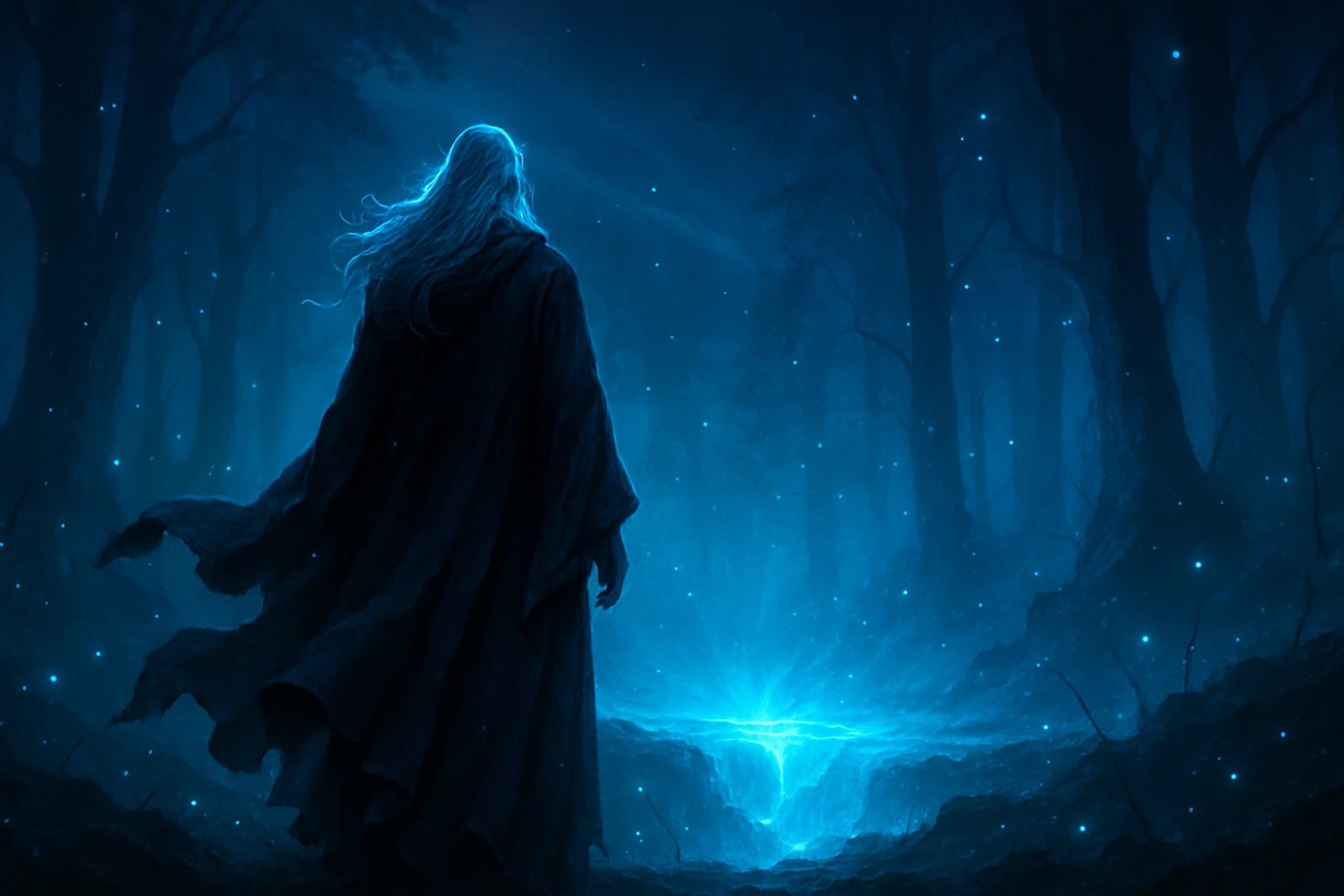 Creation by creationbyai: A lone wizard stands at the edge of a glowing blue chasm deep within a mystical forest. His back is turned, long robes and silver hair flowing in the magical wind. Ethereal blue light pulses from the ground and trees, casting surreal shadows. Floating particles shimmer in the air, and the sky above glows with arcane energy. Cinematic slow-motion effect, dramatic lighting, mysterious atmosphere.