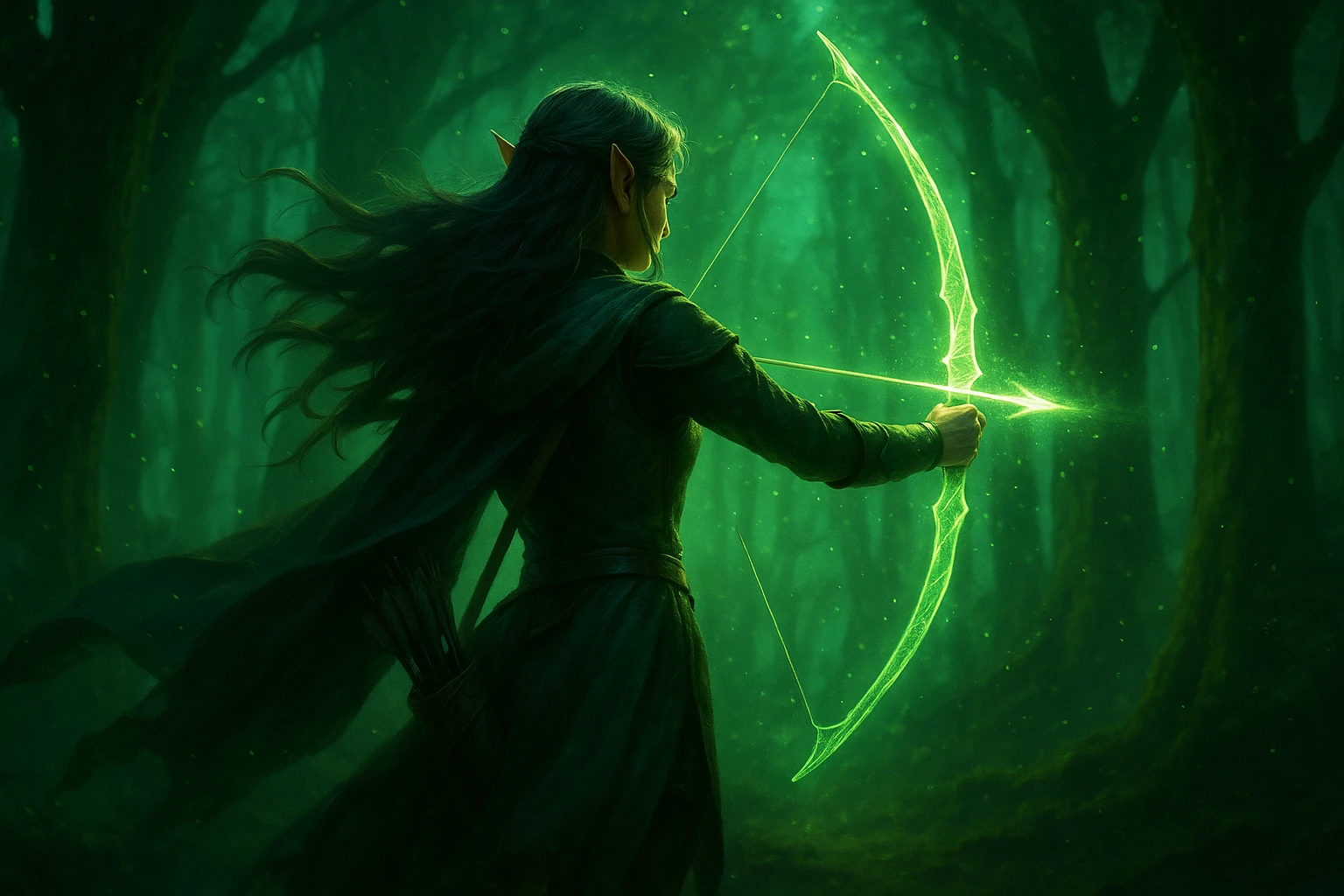 Creation by creationbyai: A lone female elven archer stands in an enchanted forest glowing with mystical green light. Her back is turned as she faces the unseen threat ahead. She holds a radiant bow, ready to fire. Shimmering green particles float through the air, and the ancient trees are bathed in an ethereal emerald glow. Her long hair and cloak drift in the breeze. Cinematic slow-motion effect, dramatic lighting, magical and serene yet tense atmosphere