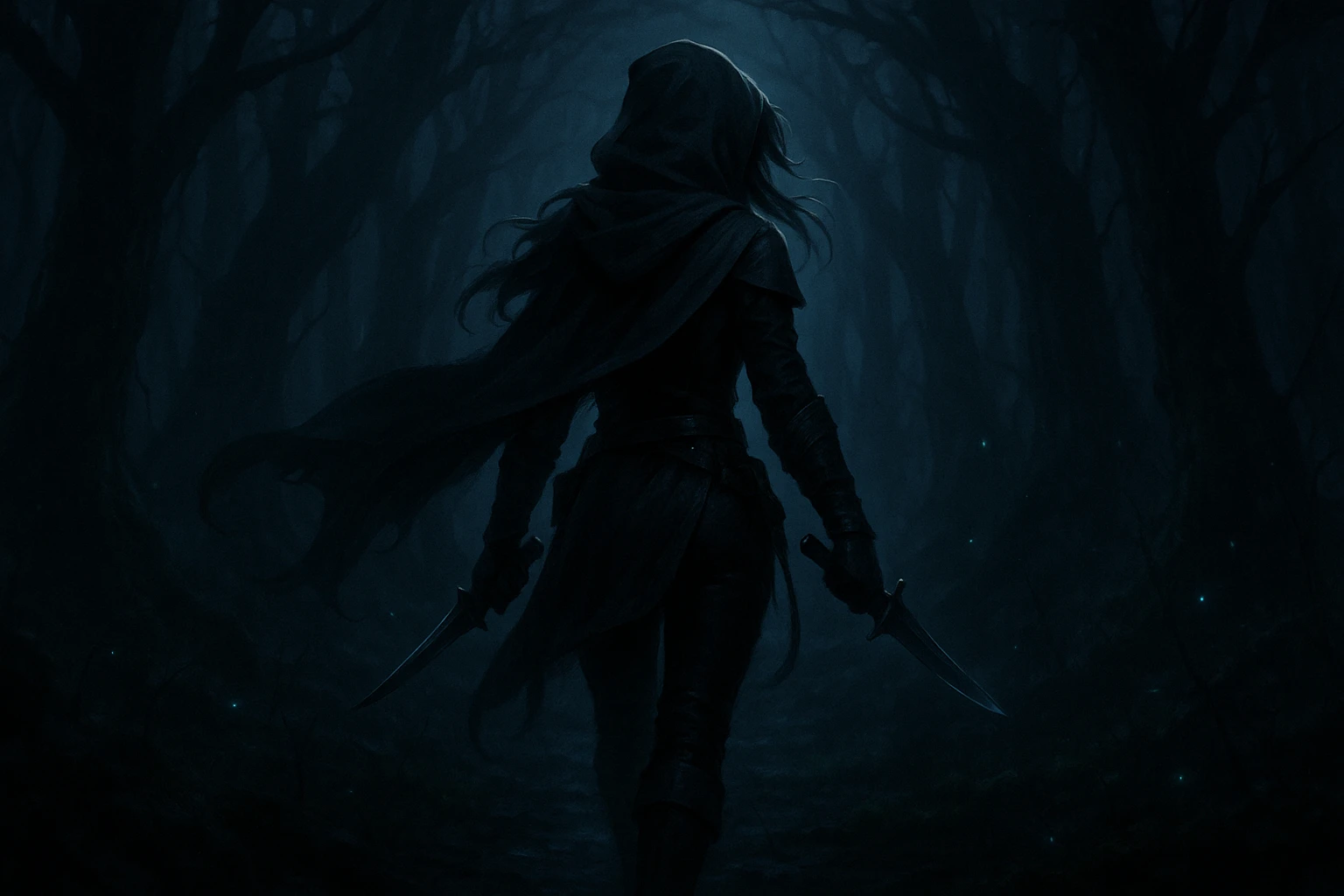 Creation by creationbyai: A lone female rogue stands on a shadowy forest path under the cover of night. Her back is turned as she surveys the dark woods ahead, twin daggers gleaming faintly at her sides. The moonlight filters weakly through twisted branches, casting eerie shadows on the moss-covered ground. Faint mist coils between the trees, and glowing blue fireflies drift in the air. Her cloak flutters quietly, and her stance is tense and ready. Cinematic slow-motion effect, dramatic lighting, stealthy and mysterious atmosphere.