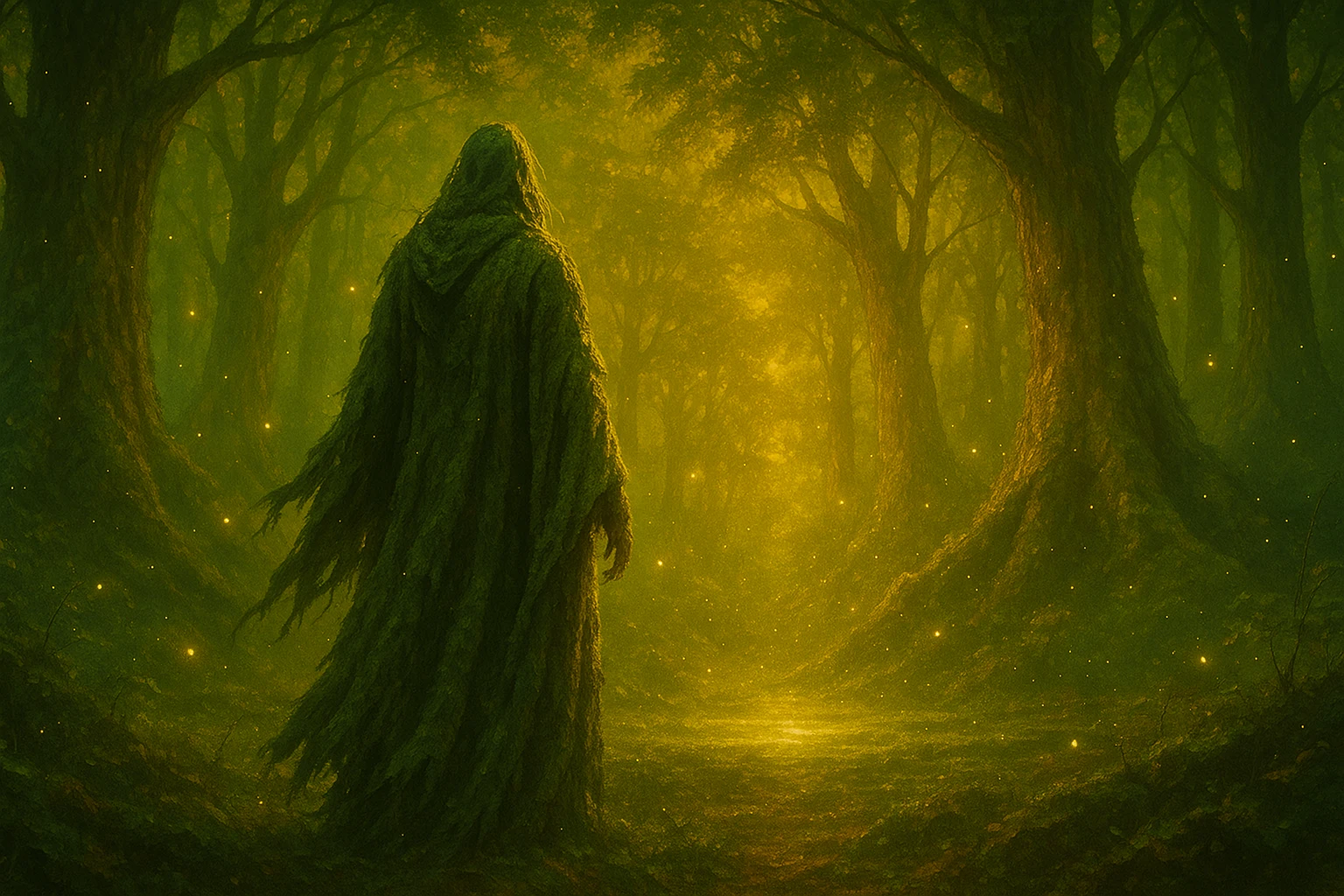 Creation by creationbyai: A lone druid stands quietly in a golden-green twilight forest, their back turned as they face a sacred grove. Long moss-covered robes sway gently in the breeze, and glowing fireflies drift around them. Ancient trees arch overhead, their leaves shimmering with a warm, magical light. The air glows with amber and emerald hues, and subtle ripples of energy flow across the forest floor. Cinematic slow-motion effect, dramatic lighting, serene and mystical atmosphere.