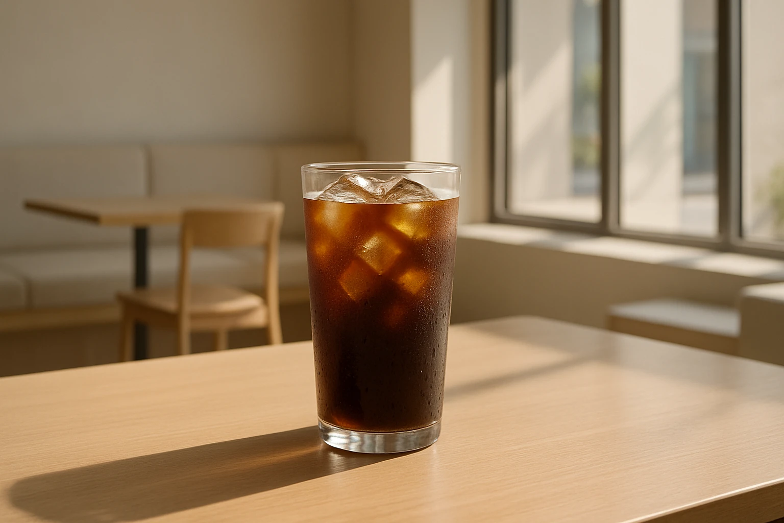 Creation by creationbyai: A glass of iced Americano with condensation droplets on the outside, filled with dark coffee and ice cubes, placed on a sleek wooden table inside a minimalist modern cafe. Sunlight streams through large windows, casting soft shadows. Neutral tones dominate the interior, creating a calm, cozy ambiance.