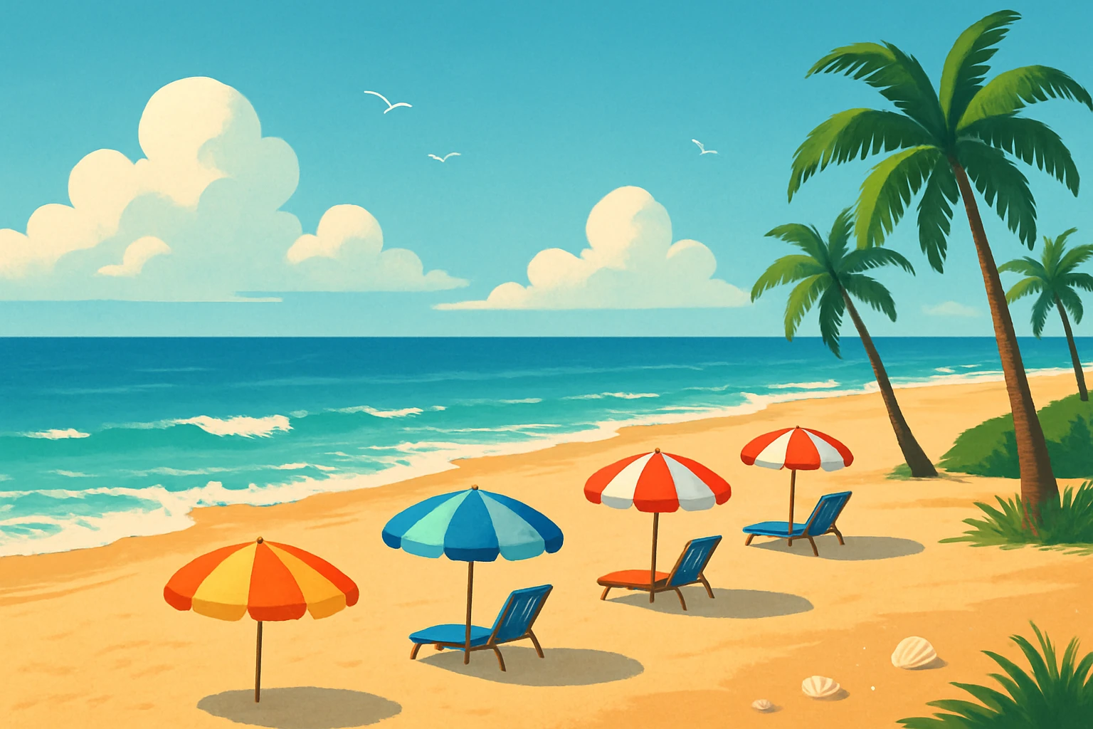 Creation by creationbyai: A peaceful, scenic beach under clear blue skies. Golden sand stretches along the coastline, scattered with colorful umbrellas and closed beach chairs, gently casting shadows. Soft turquoise waves roll onto the shore, leaving delicate foam patterns. Palm trees sway near the edge of the sand, and a few seashells are scattered in the foreground. The sunlight sparkles on the water, and distant clouds drift lazily above the calm sea. No people are visible — only the untouched beauty of summer.
