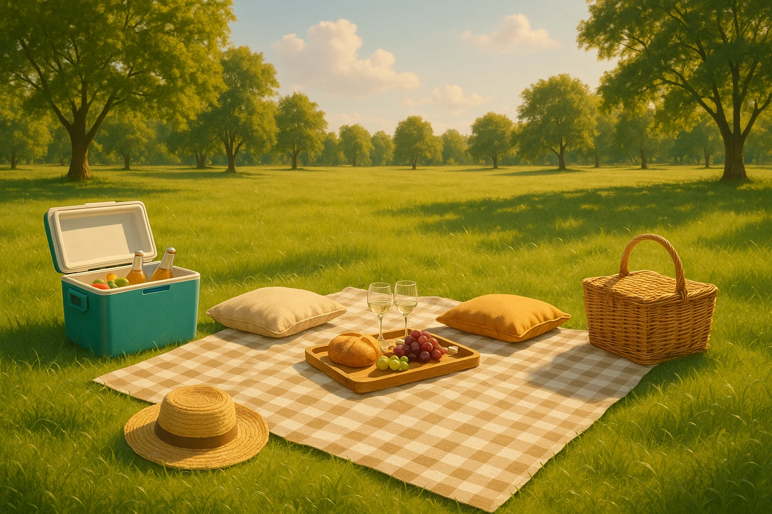 Creation by creationbyai: A cozy picnic scene on a lush green lawn under a warm afternoon sun. A checkered picnic blanket is spread neatly on the grass, with an open icebox filled with drinks and fruits beside it. Around the blanket are scattered a couple of cushions, a straw hat, and a wooden picnic basket. Trees in the background cast soft shadows, and the sky is clear with gentle clouds drifting by. The mood is peaceful, bright, and relaxed — no people, just the setup ready for a summer day outdoors.
