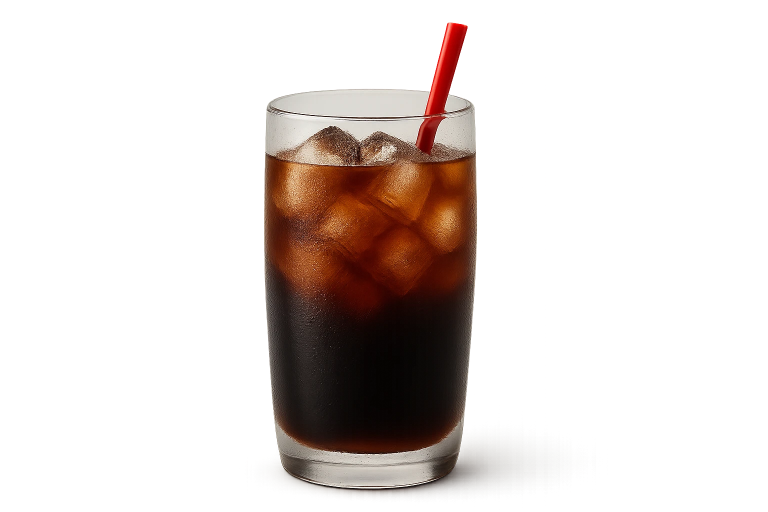 Creation by creationbyai: A sleek, close-up shot captures a cylindrical glass filled with iced Americano, placed on a fully transparent background with no visual elements. The glass has a pure cylindrical shape with a smooth, tapered design and is covered in fine condensation. Inside, several irregularly shaped ice cubes float in the dark coffee. A red straw is placed inside the glass, standing out vividly. The scene is highlighted by soft, diffused lighting that emphasizes depth, contrast, and texture.