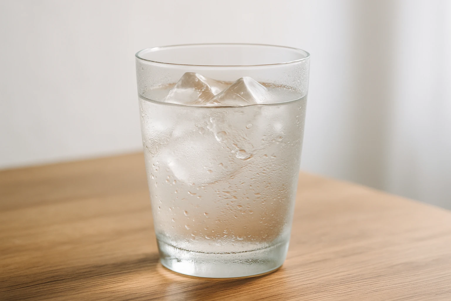 Creation by creationbyai: A glass of ice water with large, clear ice cubes, condensation droplets forming on the outside. The glass sits on a wooden table, bathed in soft natural light from the side. The background is softly blurred in white or light gray tones, creating a clean and minimalist atmosphere. The overall mood is refreshing and serene.