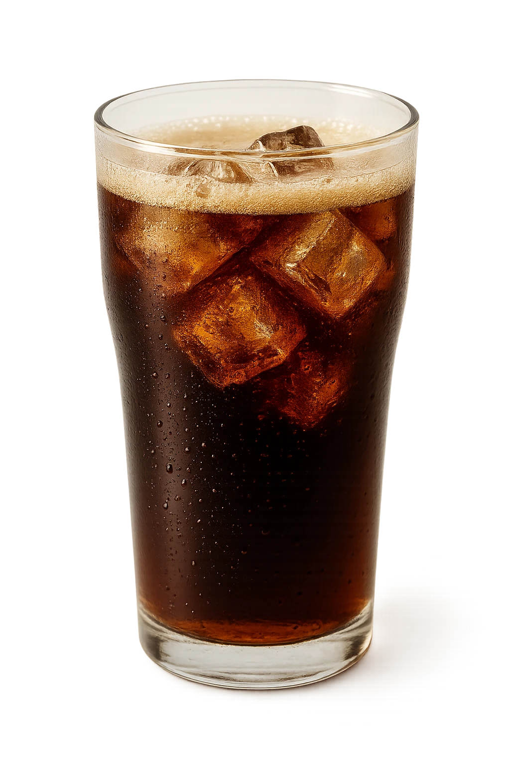 Creation by creationbyai: A sleek, close-up shot captures a cylindrical glass filled with cola, placed on a fully transparent background with no visual elements. The glass, made of clear glass with a smooth, tapered design and condensation-covered surface, reveals dark, fizzy liquid with three irregularly shaped ice cubes floating inside. A layer of foamy bubbles gently crowns the surface of the cola, hinting at its freshly poured effervescence. All elements are highlighted by soft, diffused lighting that emphasizes depth, texture, and the refreshing appeal of the drink.