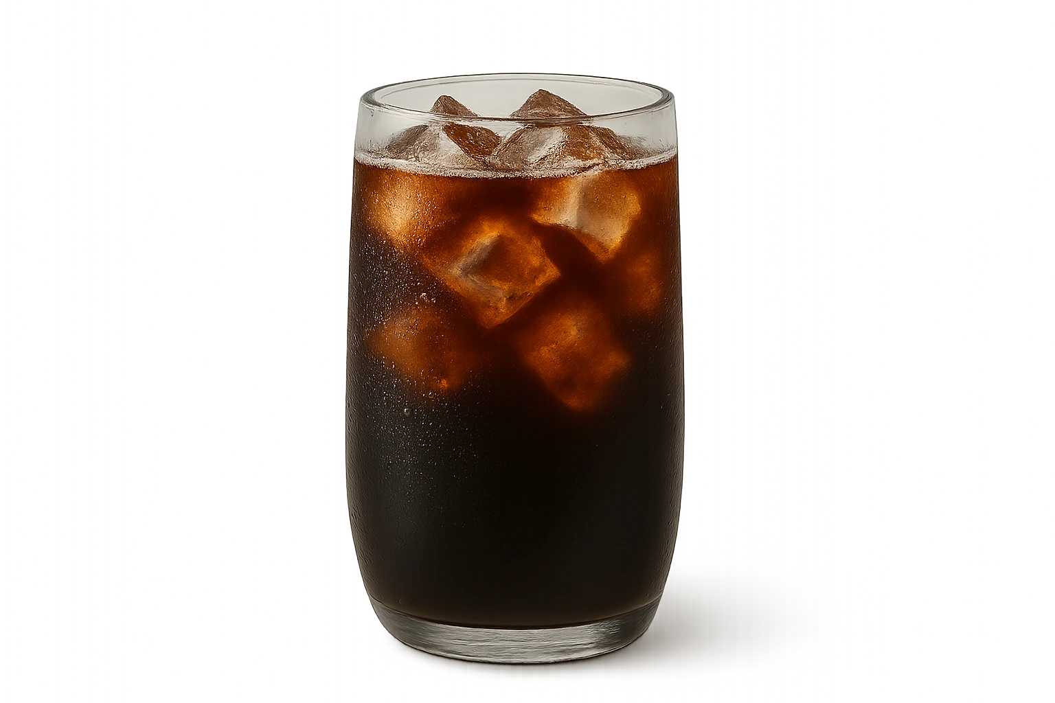 Creation by creationbyai: A sleek, close-up shot of a tall, cylindrical glass filled with iced Americano. The glass is smooth and slightly tapered, with visible condensation droplets on the surface. Inside, several irregularly shaped ice cubes float in the dark coffee. Soft, diffused lighting enhances the depth, texture, and contrast. The glass is placed on a fully transparent background with no visual elements or setting, emphasizing the glass and its contents.