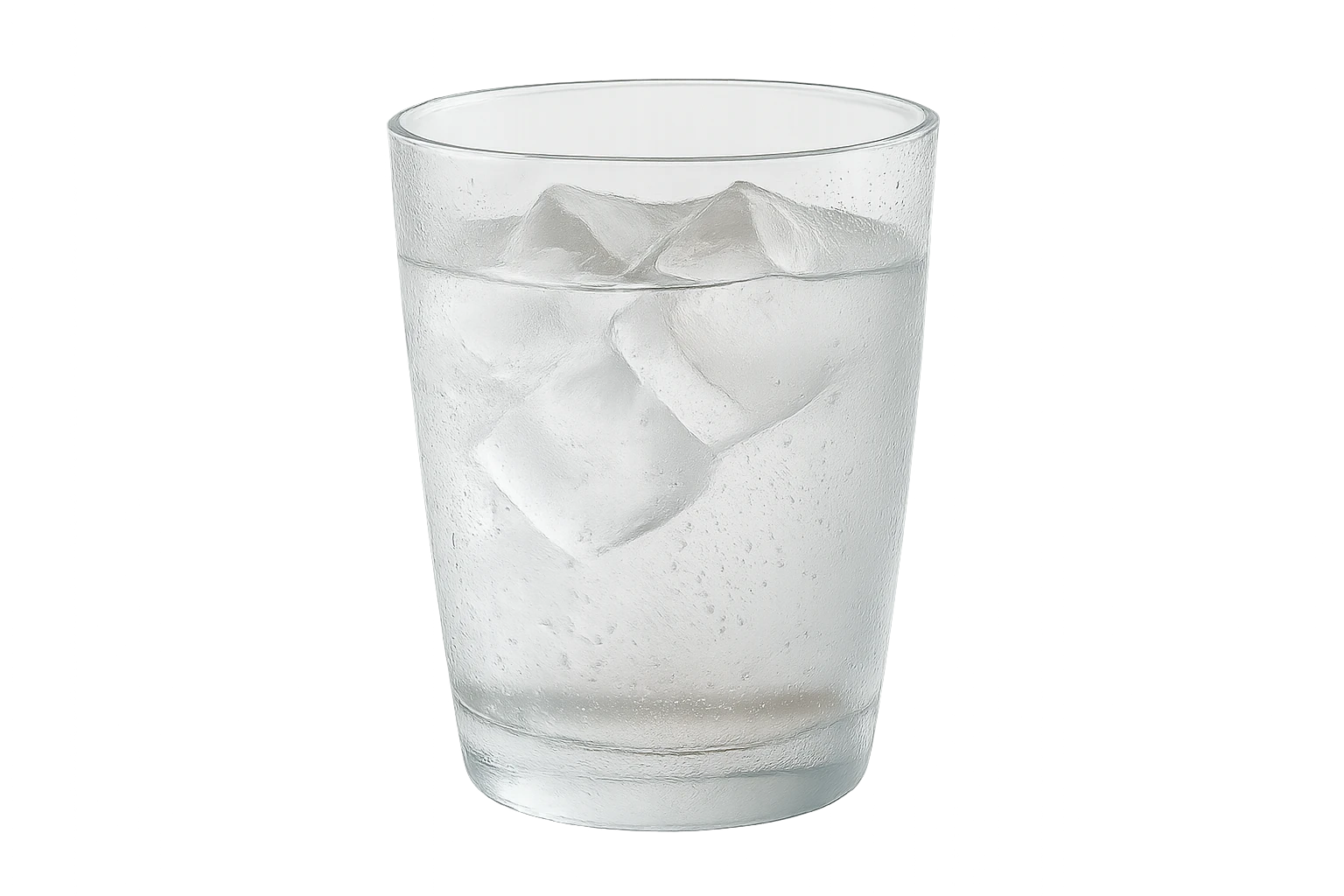 Creation by creationbyai: A sleek, close-up shot captures a cylindrical glass filled with ice water, placed on a fully transparent background with no visual elements. The glass, with its smooth, tapered design and condensation-covered surface, displays three irregularly shaped ice cubes suspended in clear water, all highlighted by soft, diffused lighting that emphasizes depth and texture.