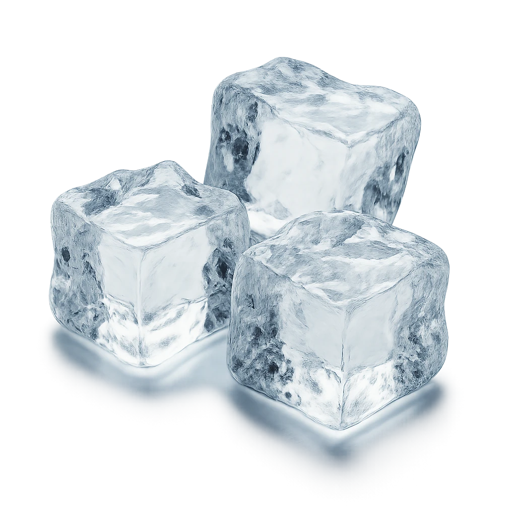 Creation by creationbyai: A sleek, close-up shot captures three irregularly shaped ice cubes, placed on a fully transparent background with no visual elements. The ice cubes glisten with clarity and smooth edges, showing faint bubbles and frosty textures within. Soft, diffused lighting highlights the depth, refraction, and subtle melting on their surfaces, creating a sense of purity and freshness.