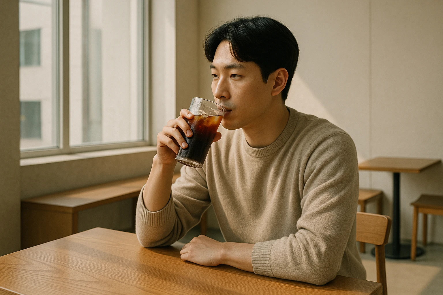 Creation by creationbyai: A Korean man sits at a sleek wooden table inside a minimalist modern cafe, sipping a glass of iced Americano. The drink, filled with dark coffee and ice cubes, shows condensation droplets on the outside. Sunlight streams through large windows, casting soft shadows across the neutral-toned interior. The atmosphere is calm and cozy, with a serene, natural light gently illuminating the man as he enjoys his drink.