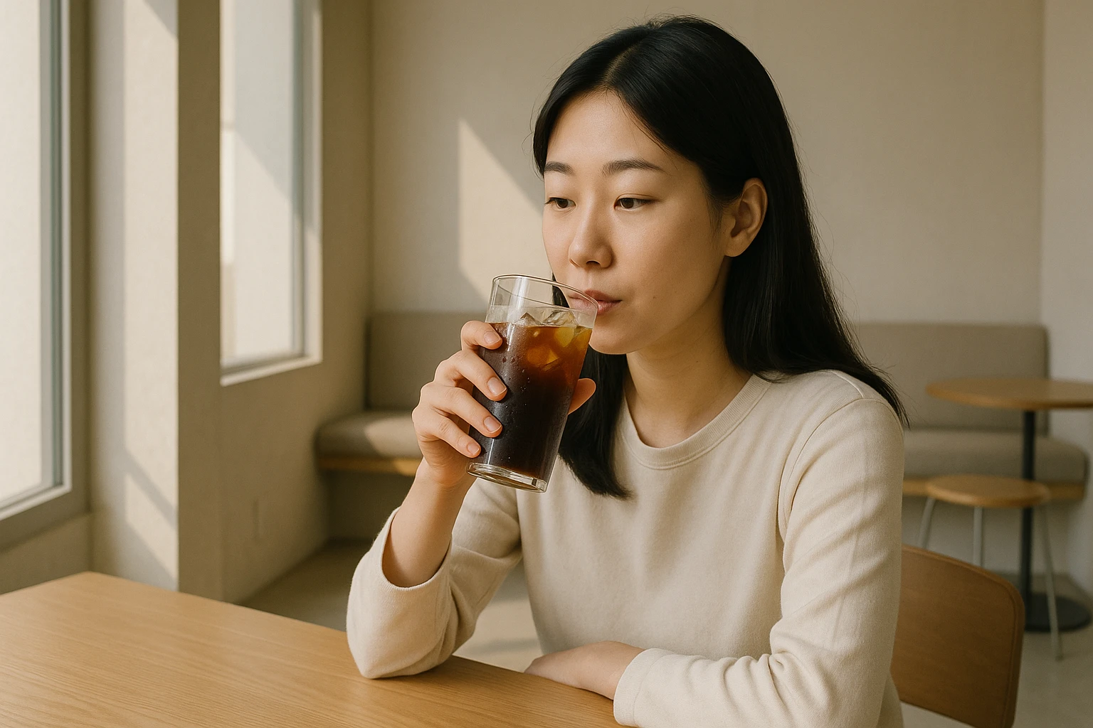 Creation by creationbyai: A Korean woman sits at a sleek wooden table inside a minimalist modern cafe, sipping a glass of iced Americano. The drink, filled with dark coffee and ice cubes, shows condensation droplets on the outside. Sunlight streams through large windows, casting soft shadows across the neutral-toned interior. The atmosphere is calm and cozy, with a serene, natural light gently illuminating the woman as she enjoys her drink.