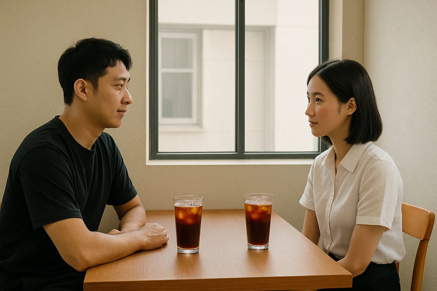 Creation by creationbyai: A Korean man and woman sit across from each other at a sleek wooden table inside a minimalist, modern cafe. Each has a glass of iced Americano in front of them—dark coffee with ice cubes glistening inside, condensation trailing down the glass. The man, wearing a dark short-sleeved shirt, sits with relaxed posture on one side; the woman, in a crisp white short-sleeved shirt, sits directly opposite. Soft sunlight filters through large, clean-lined windows, casting gentle shadows on the neutral-toned interior. The scene is bathed in calm, natural light, creating a warm and intimate atmosphere as the pair quietly face each other, sharing a peaceful moment.