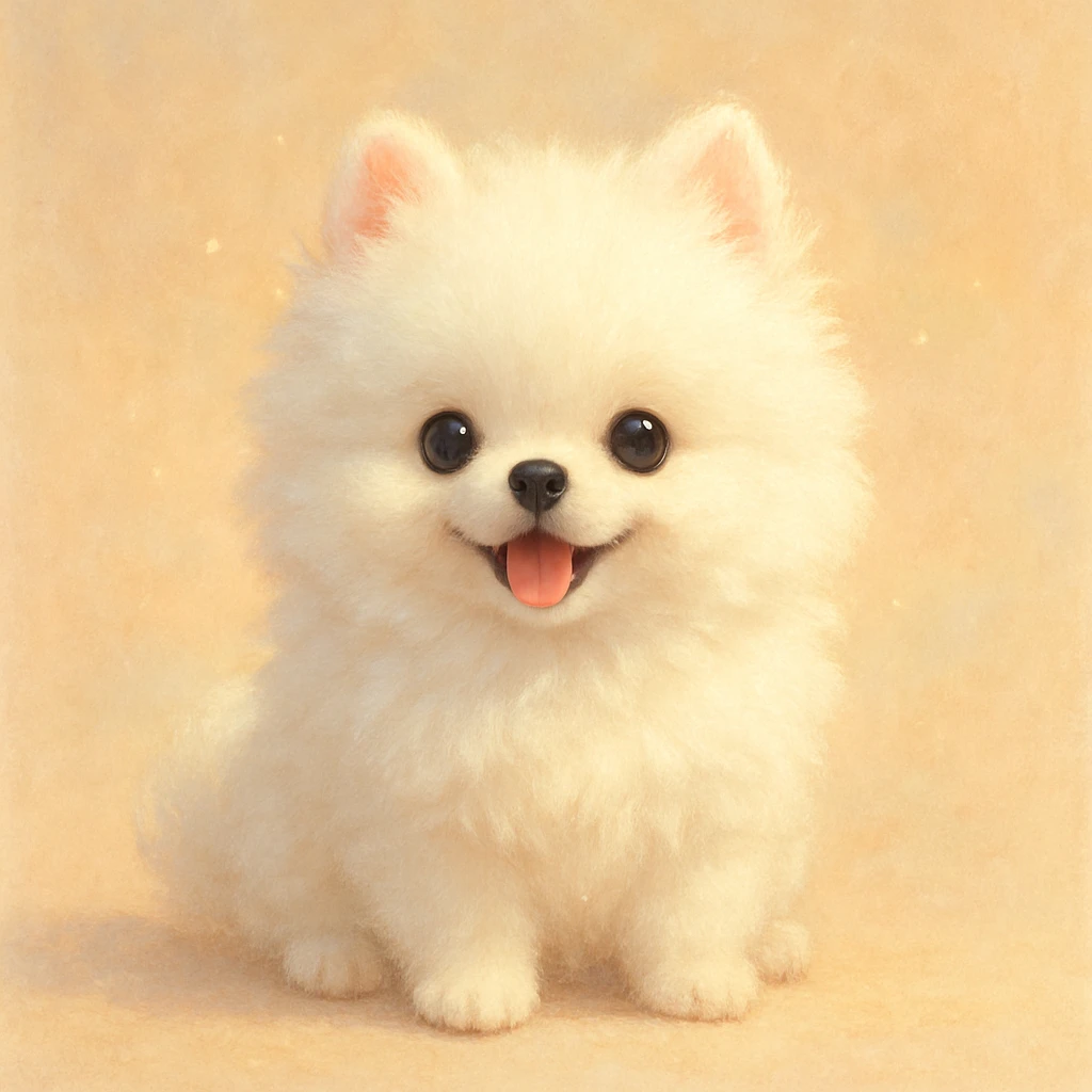 Creation by creationbyai: A heart-meltingly adorable white Pomeranian puppy sits slightly off-center on a soft pastel background. The pup has a fluffy, cloud-like coat, sparkling round eyes, a tiny black nose, and a joyful expression with its pink tongue slightly out. Its ears are perked up and tipped with a hint of soft pink. The illustration style is warm, painterly, and semi-realistic with a gentle glow. Soft, diffused lighting adds a magical, dreamy feel. The overall atmosphere is peaceful, cute, and whimsical — perfect for a children’s book or cozy decor.