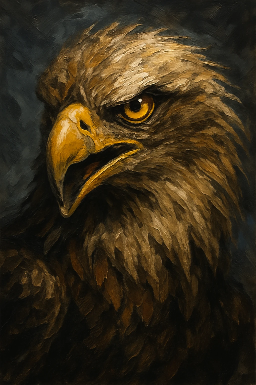 Creation by creationbyai: Close-up of a fierce eagle’s face, its razor-sharp golden eyes glaring with precision and authority. The feathers are layered with bold, rugged brushstrokes that give a windswept, hardened feel. The hooked beak is slightly open, suggesting a cry or imminent strike. Shadows deepen behind it, with stormy undertones that add to the intense, regal atmosphere. This semi-realistic, painterly style gives the eagle a raw, elemental energy—evoking freedom, dominance, and aerial supremacy.