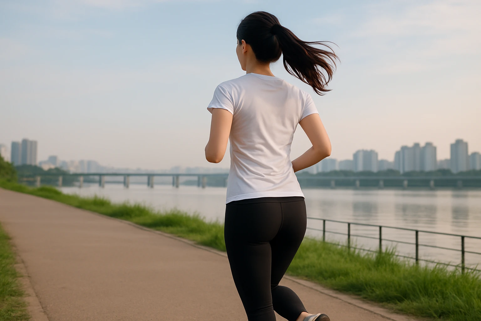 Creation by creationbyai: A full-body shot of a Korean woman jogging in the morning at a riverside park resembling Hangang Park, seen from behind. She is wearing a white short-sleeved shirt and black leggings. Captured from a slightly low angle (around 45 degrees), emphasizing forward motion and subtle energy. The perspective is natural and dynamic, with the paved path and grass slightly visible in the foreground and the soft morning sky opening up behind her.