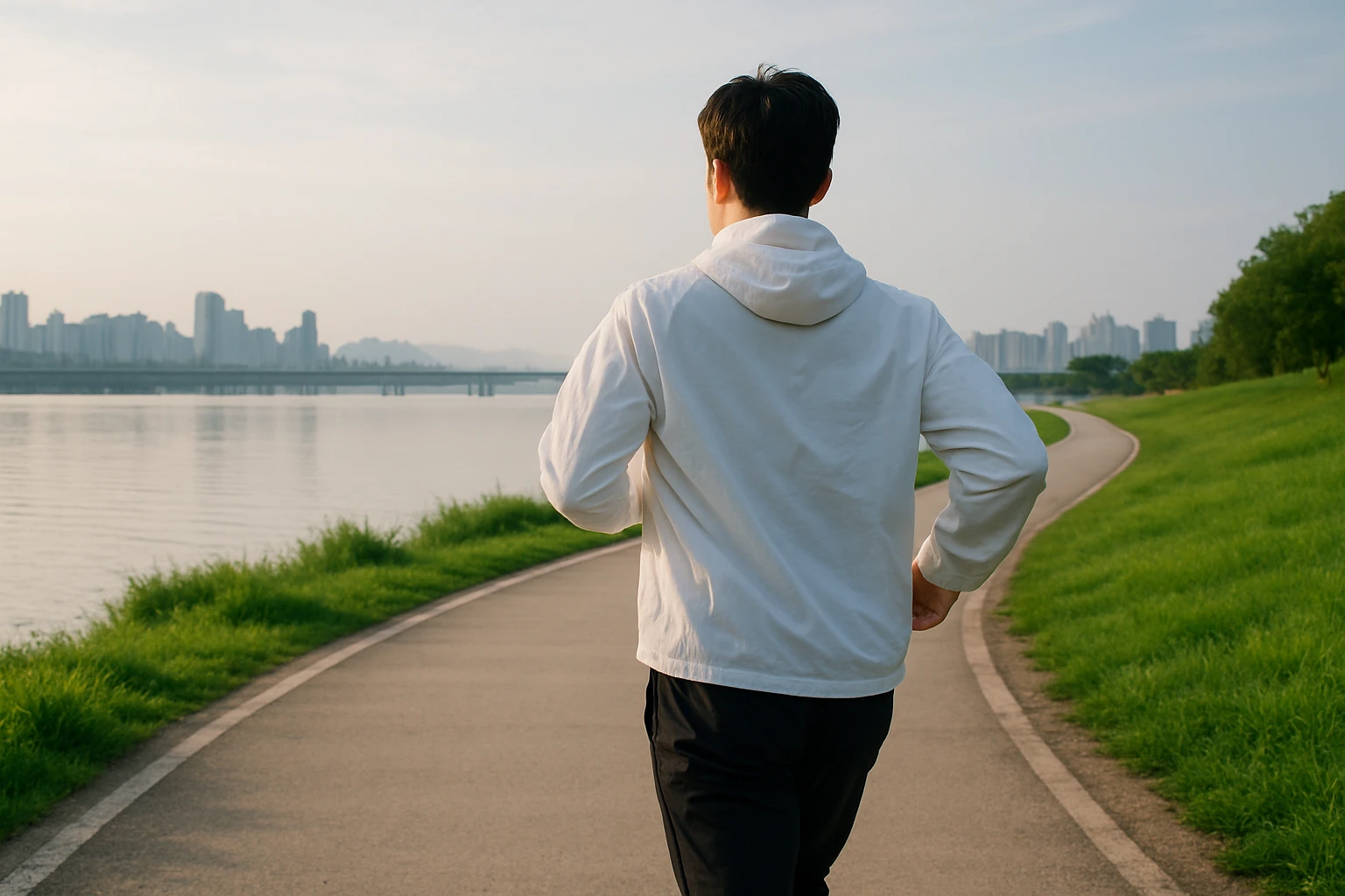 Creation by creationbyai: A full-body shot of a Korean man jogging in the morning at a riverside park resembling Hangang Park, seen from behind. He is wearing a white windbreaker and black athletic pants. The image is captured from a slightly low angle (about 45 degrees), emphasizing natural forward motion and subtle energy. The paved jogging path curves alongside the river, with green grass and a city skyline in the background. The morning sky is soft and open, and the scene has a realistic and dynamic perspective, evoking a calm yet active atmosphere. Horizontal composition.