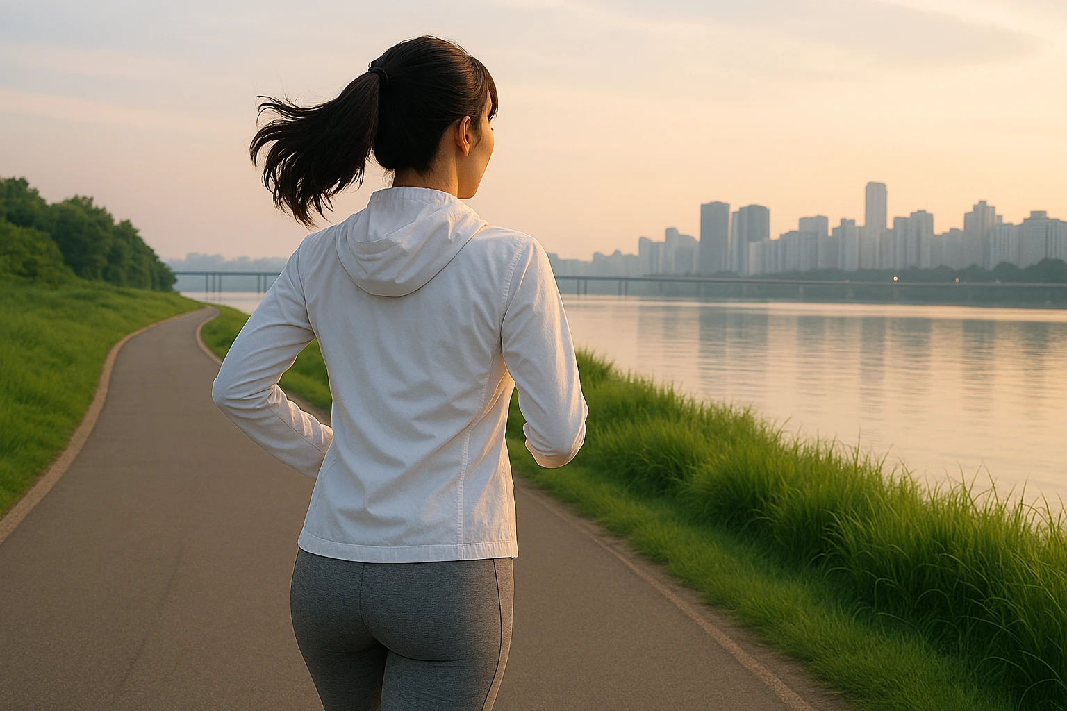 Creation by creationbyai: A Korean woman is seen from behind as she jogs along a quiet riverside path in the early morning, wearing a slim-fit white windbreaker and gray leggings. The setting resembles Hangang Park in Seoul, with the gently curving path running alongside a calm river. Lush green grass borders the trail, and a distant city skyline rises under a soft, open sky. Captured from a slightly low angle, around 45 degrees, the image emphasizes her natural forward motion and the subtle energy of the morning. The horizontal composition creates a realistic and dynamic atmosphere that feels both calm and active.