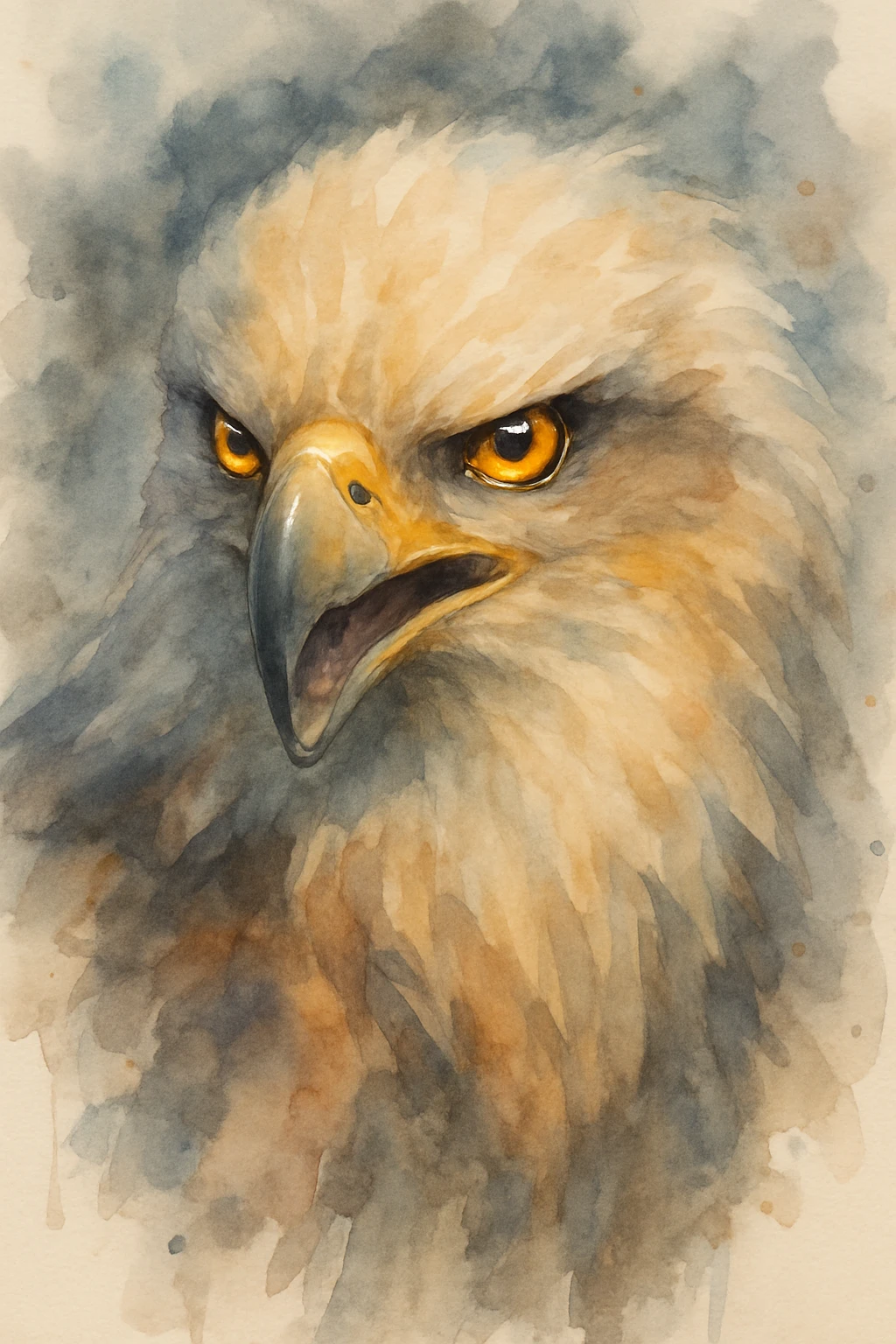 Creation by creationbyai: A close-up of a fierce eagle’s face, its piercing golden eyes glowing with intensity. The feathers are rendered in soft, flowing washes of color with delicate gradients, creating a sense of motion and lightness. The hooked beak is slightly open, with a faint suggestion of a cry. Subtle splashes and bleeds in the background evoke a stormy sky, while translucent layers and soft edges give the image an airy, ethereal feel. The watercolor style enhances the emotional power of the eagle, blending precision with fluid, expressive textures.