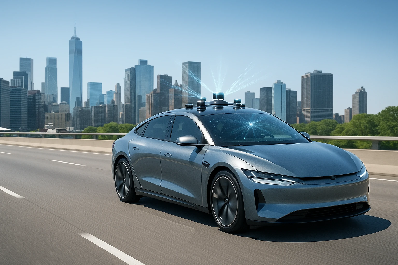 Creation by gigaposts: A futuristic autonomous vehicle equipped with advanced rooftop LiDAR sensors, driving smoothly on a wide, clean highway under a clear blue sky. The car’s design is sleek and aerodynamic, with smooth curves and a metallic finish that reflects sunlight. Multiple small LiDAR units are visible on the roof, emitting subtle, shimmering beams of light. The background shows a modern city skyline with glass skyscrapers and green parks. The overall atmosphere is bright, innovative, and high-tech, evoking a sense of cutting-edge transportation and a smart, connected future.