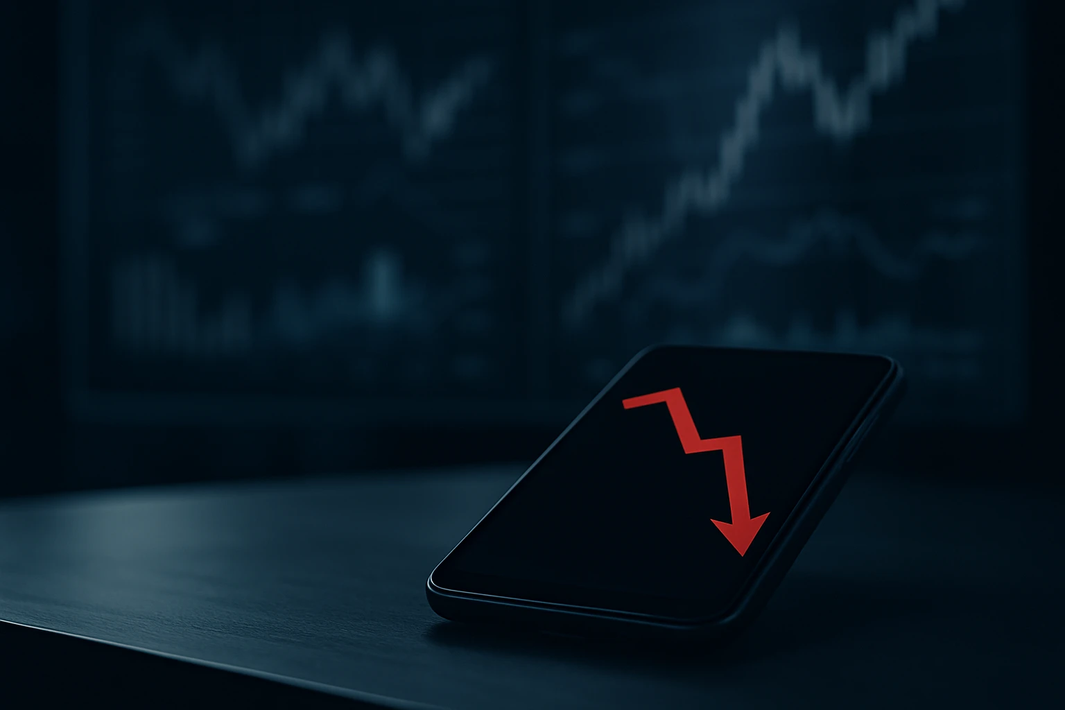 Creation by creationbyai: A professional stock market-themed illustration showing a smartphone lying on a sleek, modern desk. On the smartphone screen, a red downward-pointing arrow graph is displayed, symbolizing a decline in wireless subscribers. In the background, soft, blurred figures of stock charts and financial graphs are projected onto a dark glass wall, indicating market volatility. The lighting is moody and slightly cool-toned, creating a tense, uncertain atmosphere. No logos, brand names, or identifiable products are visible. The scene should focus on the concept of telecommunications industry challenges and investor hesitation.
