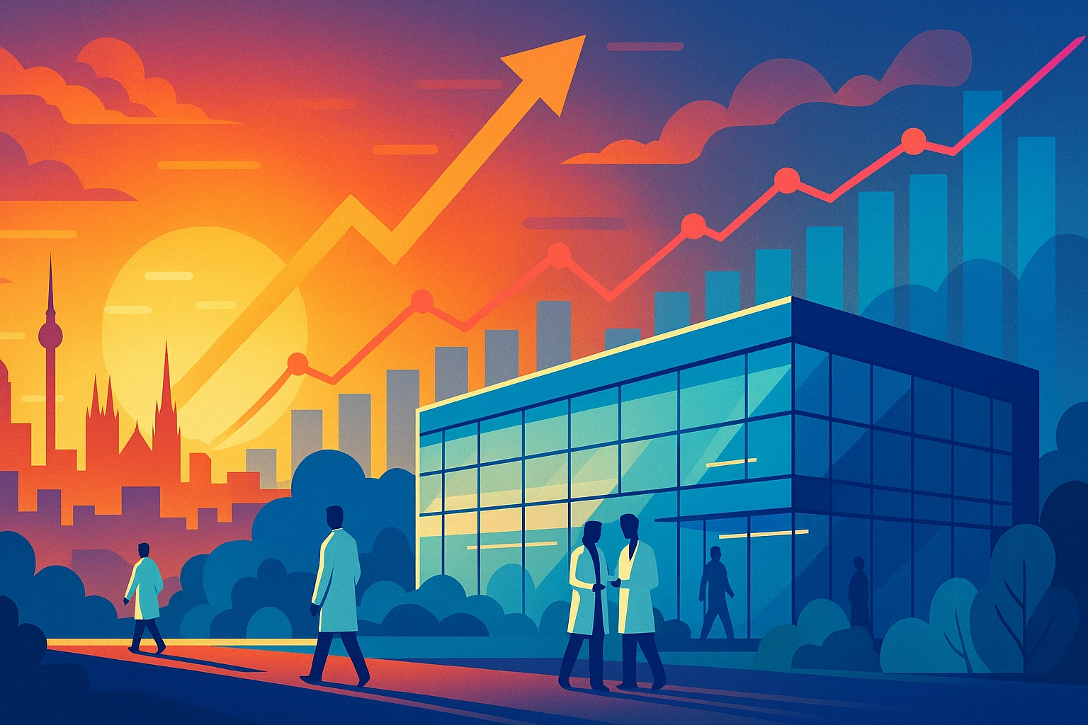 Creation by creationbyai: Wide horizontal image in graphic design style. Abstract representation of a European city skyline at sunset. Overlaid are dynamic line graphs and growth charts symbolizing innovation and healthcare investment. In the foreground, a sleek, semi-transparent modern research center with glass facades, surrounded by stylized greenery. Silhouettes of scientists in white lab coats are subtly integrated into the scene, moving between buildings. The atmosphere feels energetic and forward-looking, with warm golden tones blending into vibrant blues and purples. No specific brands or products visible.