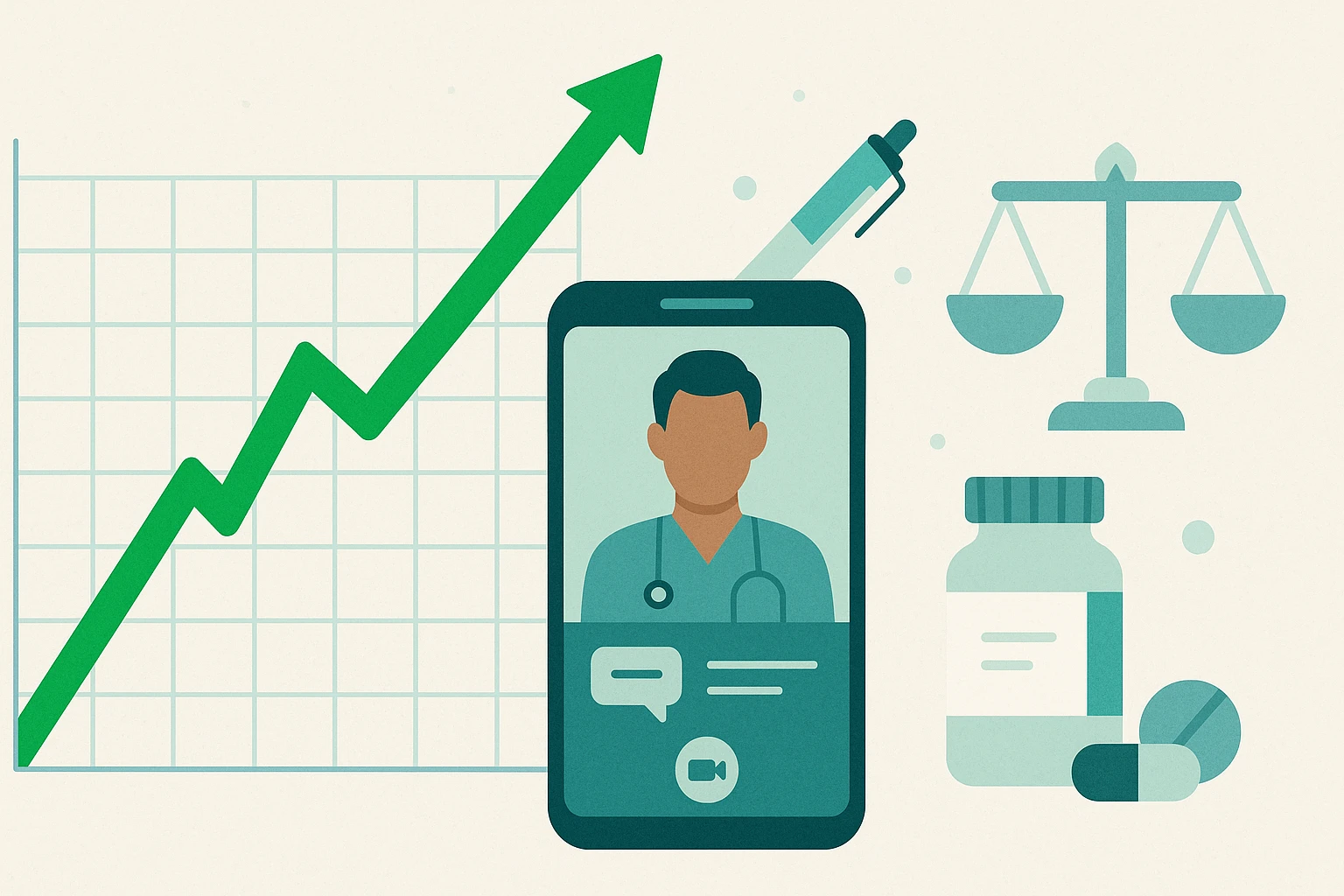 Creation by creationbyai: Graphic design illustration showing a sharply rising stock market graph intertwined with a smartphone displaying a telehealth consultation interface. Alongside, include abstract icons representing weight-loss medication (like a stylized injectable pen or pill bottle, no logos) and perhaps a balanced scale symbol. Use a clean, modern style with a color palette incorporating calming blues/greens and a vibrant green for the rising stock line.