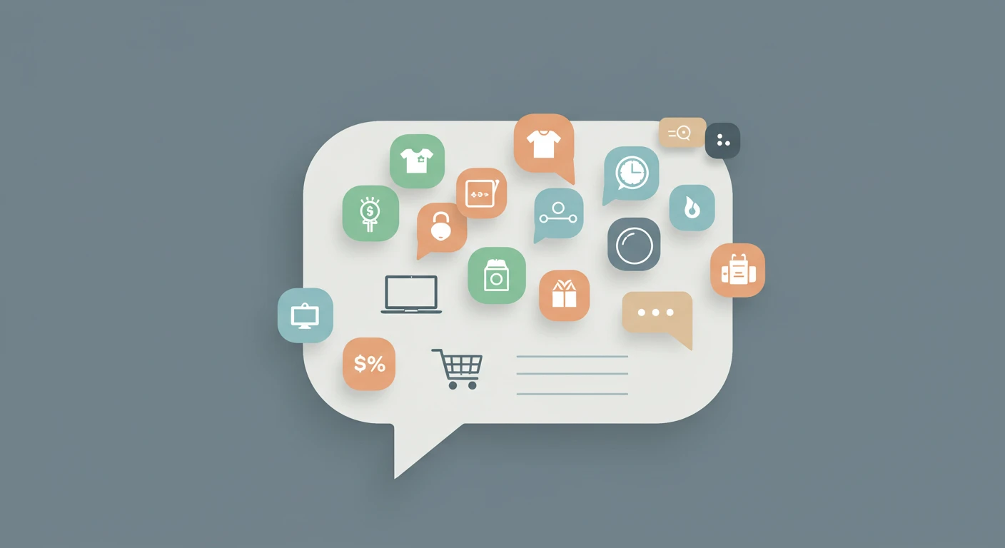 Creation by creationbyai: Graphic design illustration showing a stylized chat bubble interface on a clean background. Inside the chat bubble, abstract icons representing various retail products (clothing, electronics, groceries) are subtly integrated with conversation elements. A faint shopping cart icon could be visible near the text input area. The overall aesthetic should be modern, minimalist, and friendly, using a soft color palette like light blues, greys, and perhaps a touch of green or orange to represent commerce.