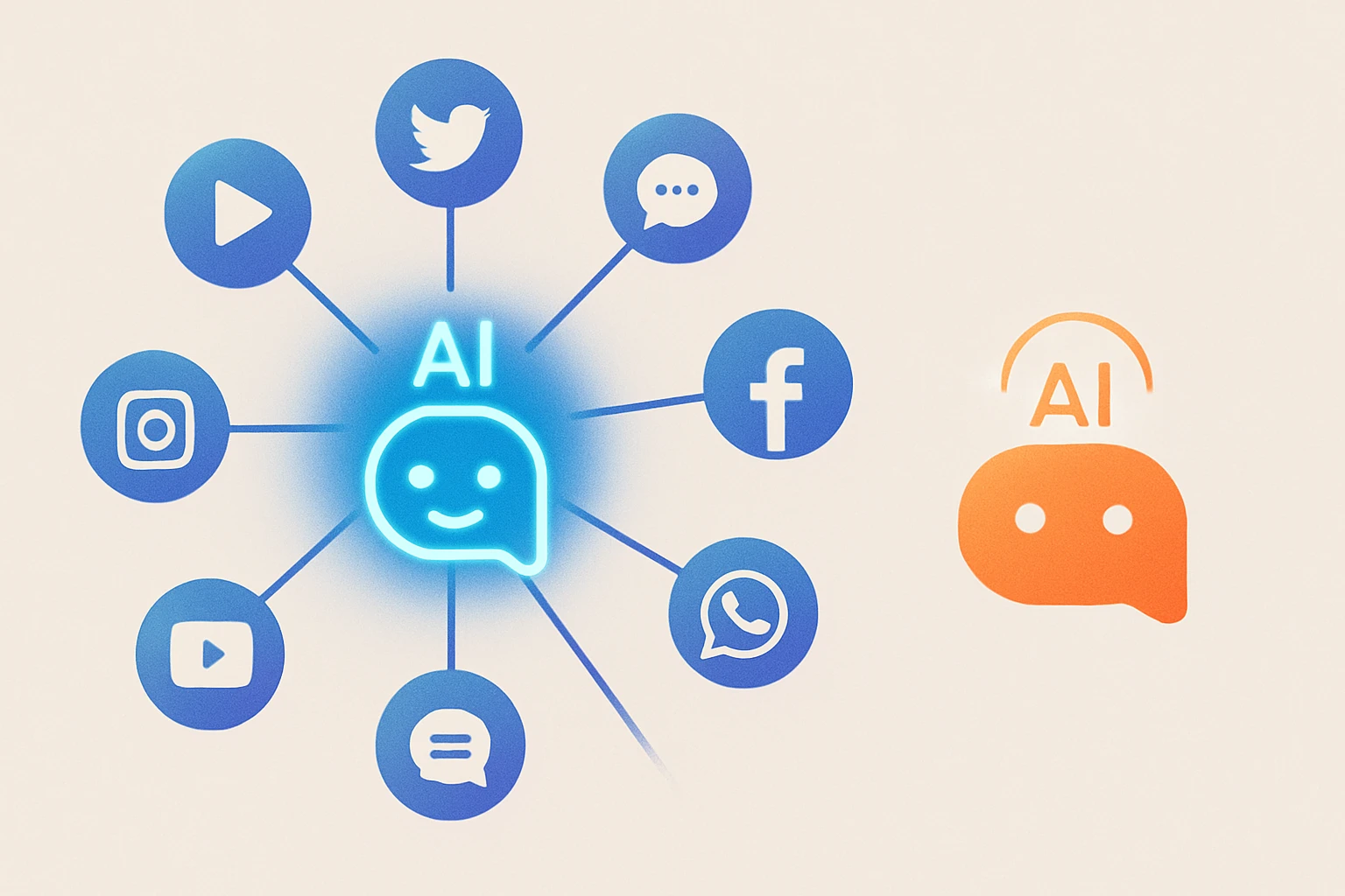 Creation by 기가포스트: Graphic design illustration featuring a central, glowing abstract icon representing conversational AI. Lines radiate outwards connecting to smaller, generic icons symbolizing social media and messaging platforms, all subtly branded with a familiar blue/purple gradient. A separate, distinct abstract AI icon in a contrasting color (like orange or teal) sits nearby, indicating competition. Clean, modern aesthetic on a neutral background.