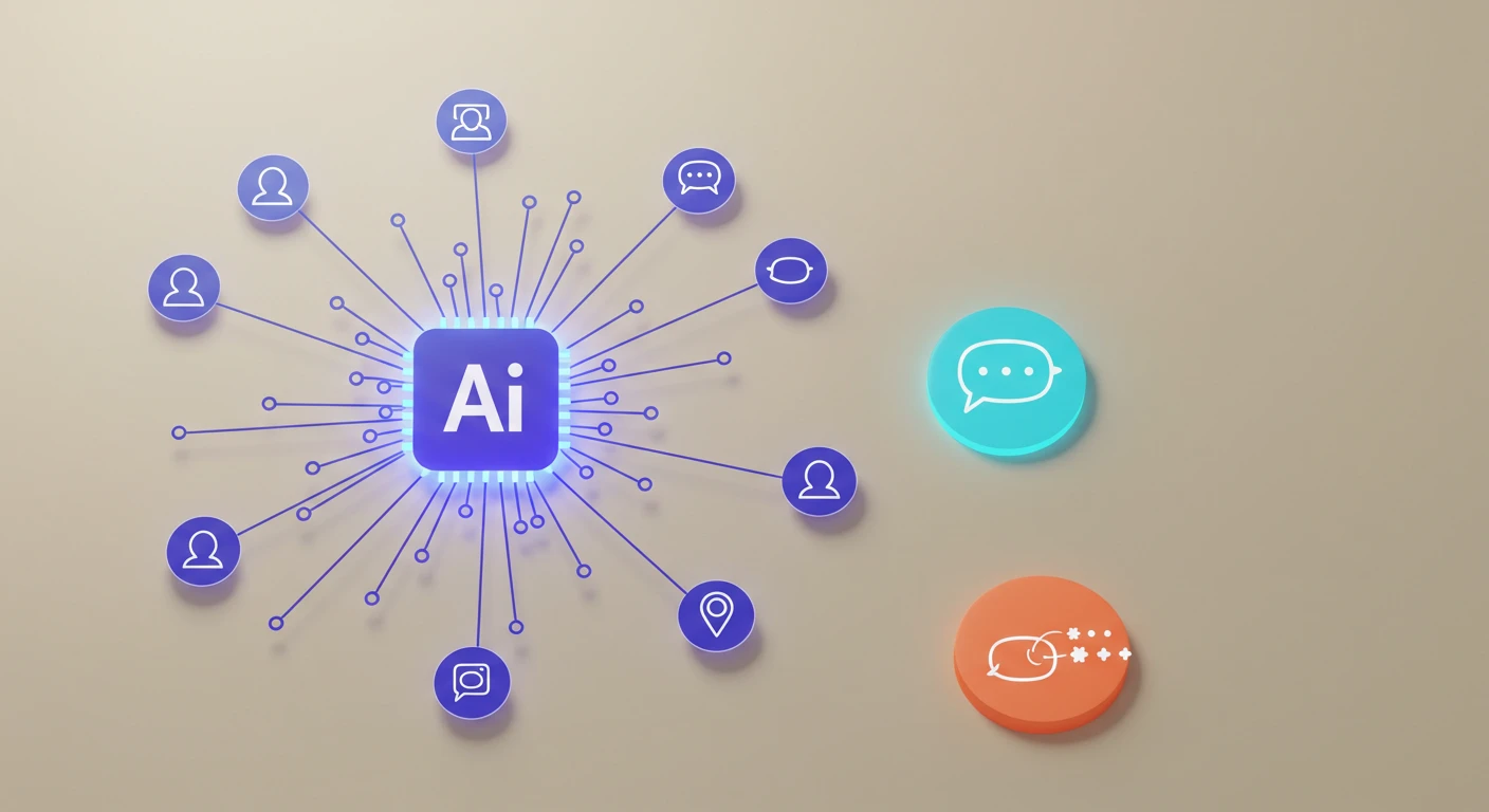 Creation by gigaposts: Graphic design illustration featuring a central, glowing abstract icon representing conversational AI. Lines radiate outwards connecting to smaller, generic icons symbolizing social media and messaging platforms, all subtly branded with a familiar blue/purple gradient. A separate, distinct abstract AI icon in a contrasting color (like orange or teal) sits nearby, indicating competition. Clean, modern aesthetic on a neutral background.