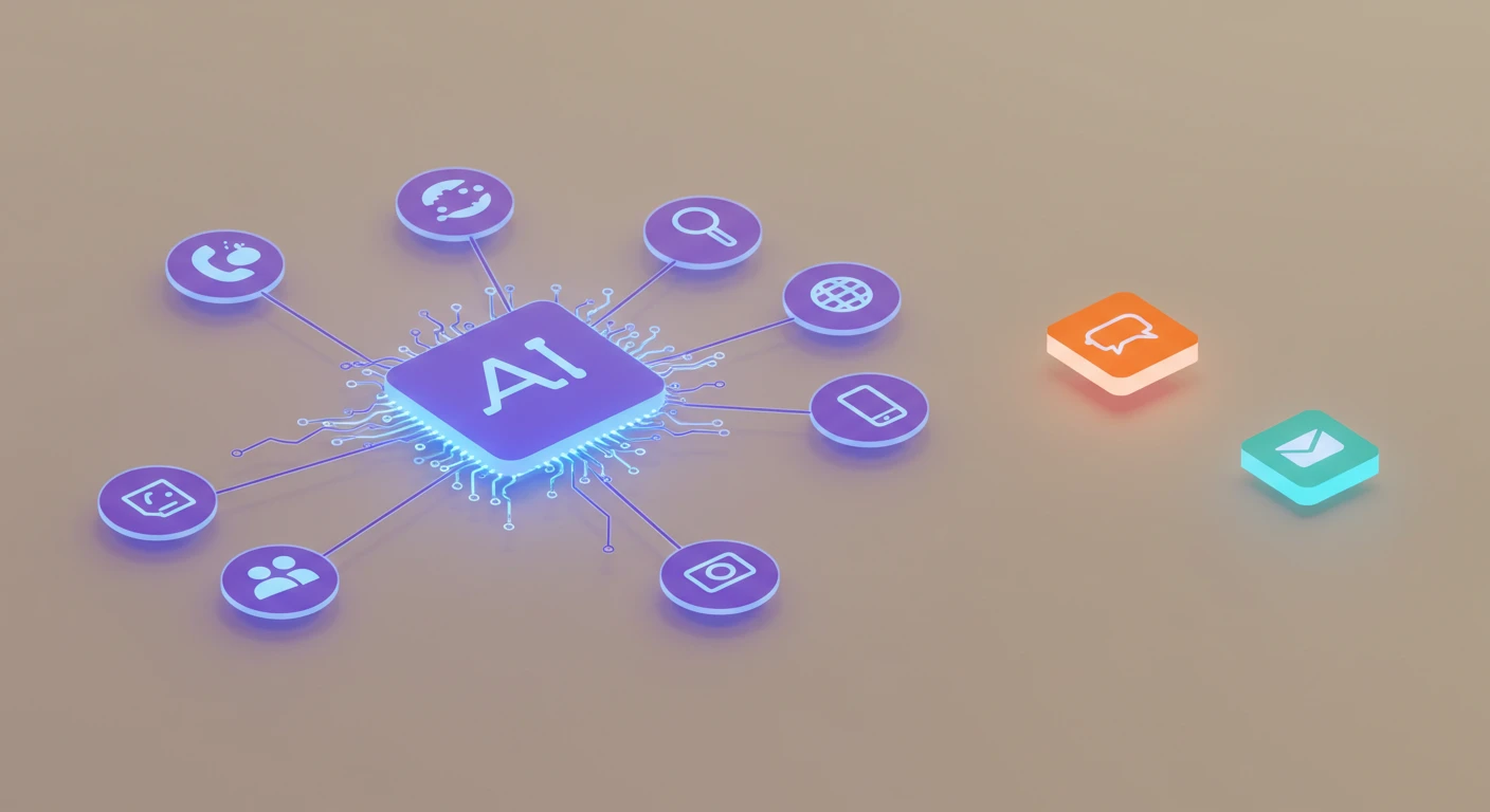 Creation by 기가포스트: Graphic design illustration featuring a central, glowing abstract icon representing conversational AI. Lines radiate outwards connecting to smaller, generic icons symbolizing social media and messaging platforms, all subtly branded with a familiar blue/purple gradient. A separate, distinct abstract AI icon in a contrasting color (like orange or teal) sits nearby, indicating competition. Clean, modern aesthetic on a neutral background.