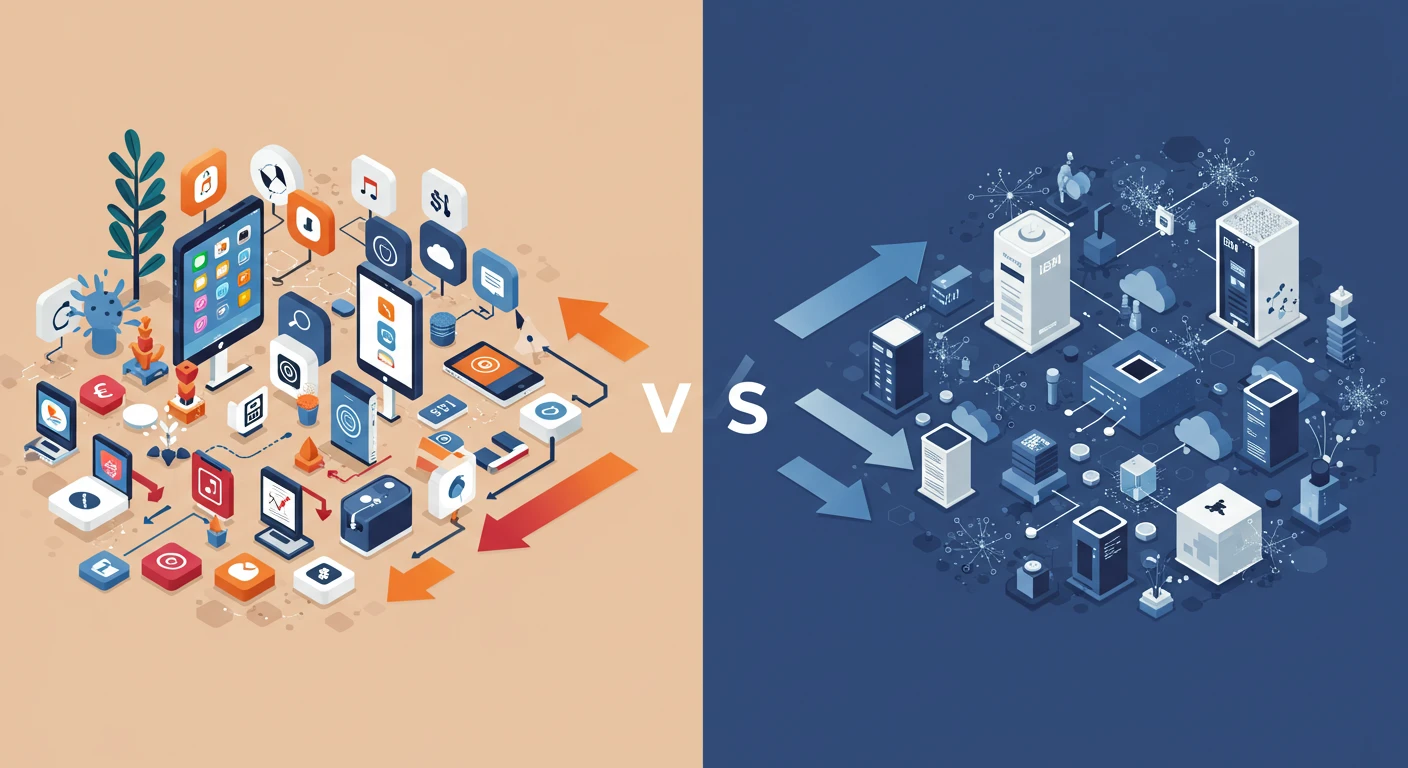 Creation by creationbyai: Graphic design illustration comparing two distinct investment paths. On one side, abstract elements representing consumer devices and sleek app icons arranged in a flourishing ecosystem. On the other side, interconnected blocks representing enterprise servers, cloud symbols, and AI neural network patterns. Arrows indicating large financial investment flow towards both sides, but target different core elements. Use distinct color palettes (e.g., bright colors vs. corporate blues/greys) to emphasize the contrast. Avoid direct logos.