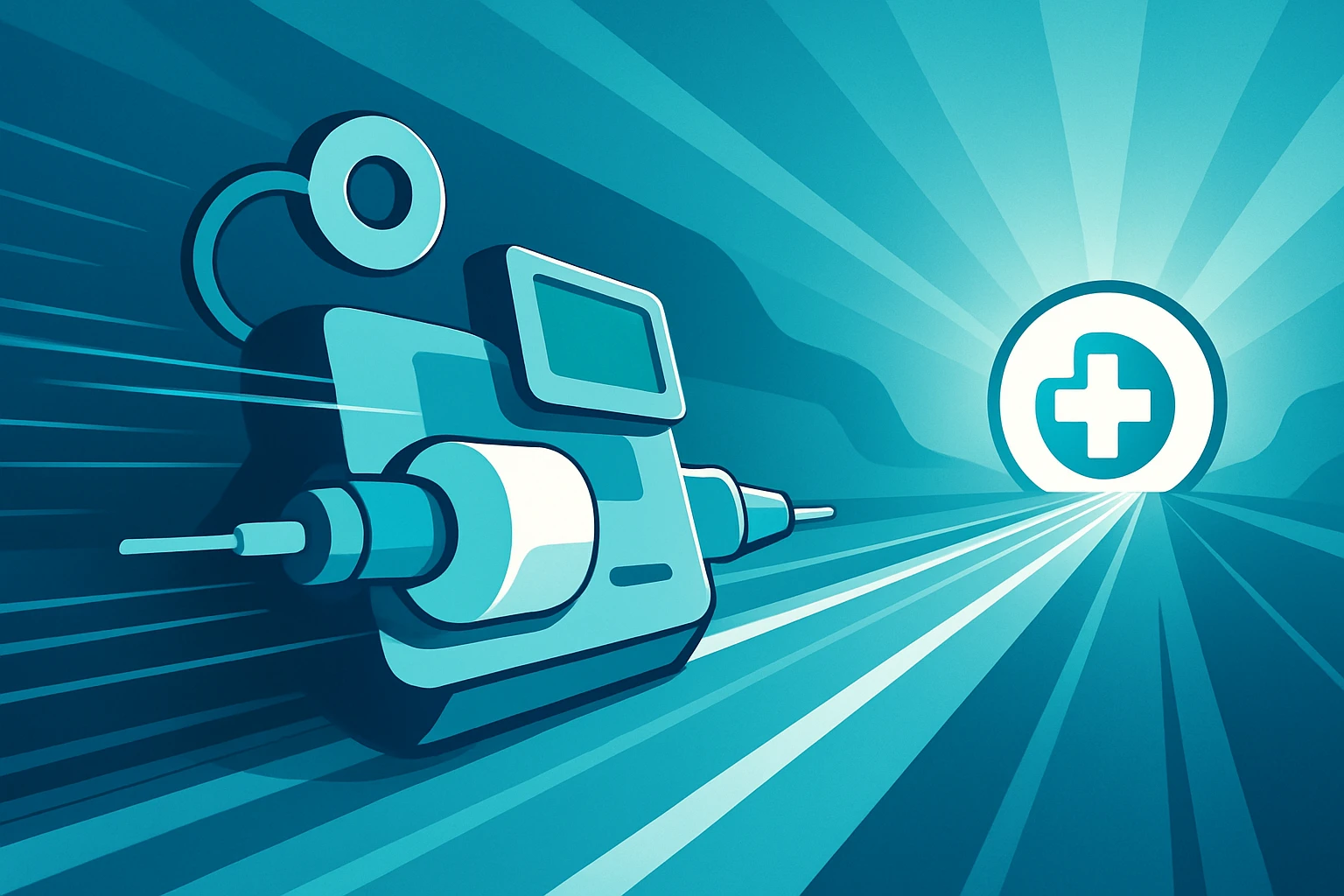 Creation by 기가포스트: Graphic design illustration depicting an abstract, innovative medical device moving swiftly along a streamlined, brightly lit pathway towards a simplified representation of a healthcare system or patient access point. Use clean lines, a modern aesthetic, and a palette of blues, greens, and white suggesting efficiency, speed, and healthcare. Avoid specific brands or detailed device representations.