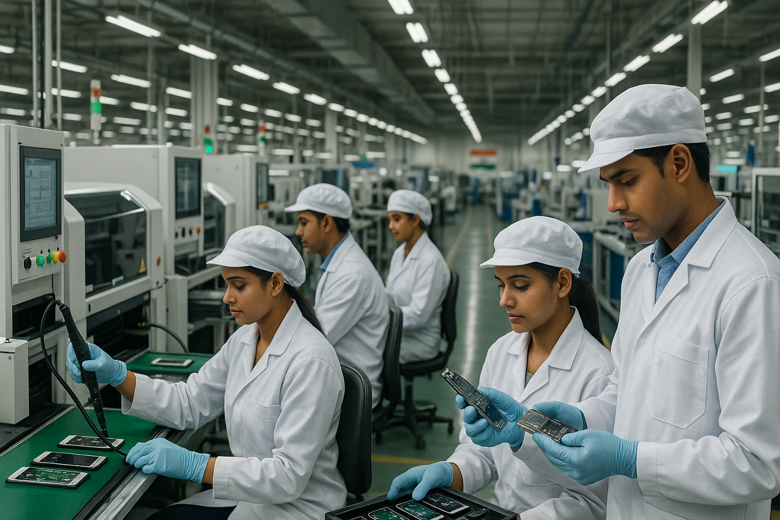 Creation by 기가포스트: A modern electronics manufacturing facility in India assembling smartphones. Workers in clean uniforms are operating advanced machinery in a clean, organized factory environment. The setting reflects a shift in global supply chains toward India. The mood is professional and forward-looking, symbolizing industrial growth and technological advancement.