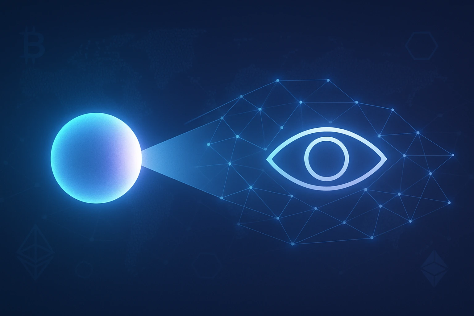 Creation by 기가포스트: Graphic design illustration featuring a stylized, glowing sphere projecting a subtle beam towards an abstract human eye icon. This central element is surrounded by interconnected digital network lines spreading outwards, possibly hinting at a global map shape. Include faint, abstract geometric shapes suggesting cryptocurrency or blockchain elements. Use a futuristic blue, silver, and purple color palette. Clean, modern aesthetic.
