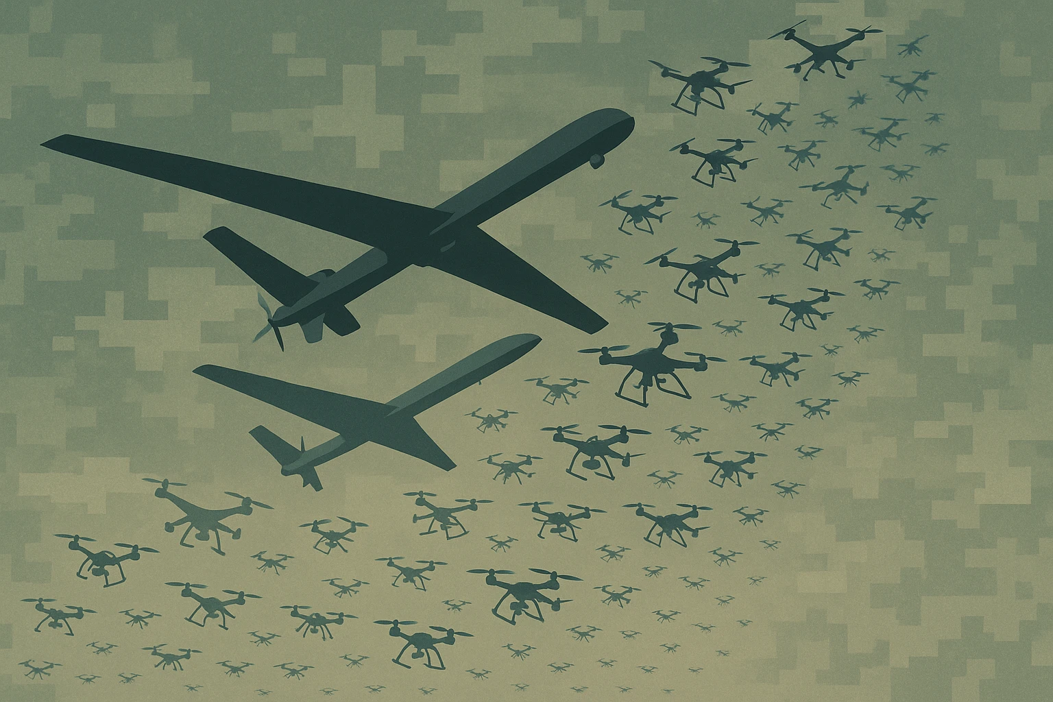 Creation by 기가포스트: Graphic design illustration showing a diverse swarm of abstract drone silhouettes (small quadcopters, larger winged UAVs) increasing in number and flying upwards against a background subtly textured with digital camouflage patterns. Use a palette of olive greens, greys, and tech blues. Modern, stylized representation of military drone expansion.
