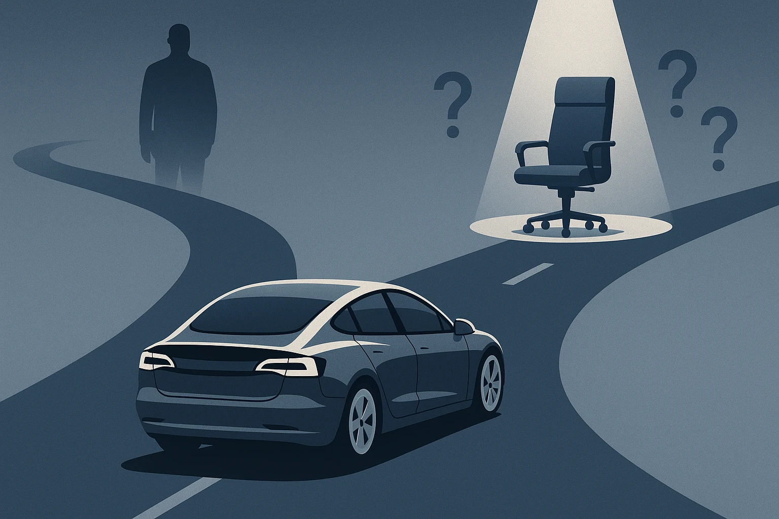 Creation by 기가포스트: 나의 말:
Graphic design illustration featuring a sleek, stylized electric car silhouette at a crossroads. One path leads towards a faintly visible, imposing figure silhouette; the other path leads towards a prominent, empty executive chair under a spotlight, surrounded by subtle question marks. Use a corporate blue and grey palette with accents of a neutral color like silver or white, conveying uncertainty and a search for future leadership. Modern, minimalist style.