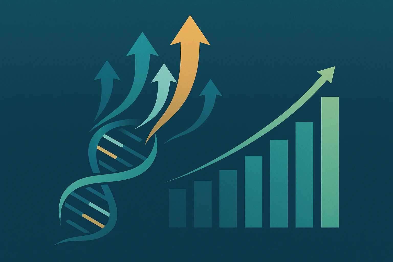 Creation by gigaposts: Graphic design illustration showing upward arrows lifting off from a stylized DNA helix strand, transforming into rising financial bar graphs. Use a sophisticated color palette incorporating blues, greens, and perhaps a touch of gold, symbolizing medical innovation driving financial growth. Clean, modern aesthetic. Avoid direct brand logos.