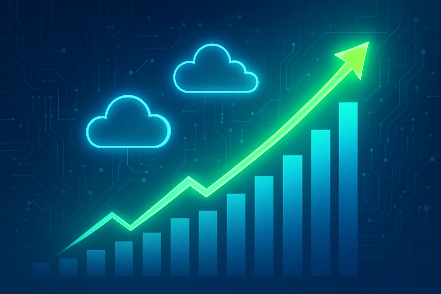 Creation by gigaposts: Graphic design illustration showing a vibrant upward financial graph merging seamlessly with glowing cloud symbols and abstract digital network patterns. Subtle hints of AI-related circuitry could be woven into the network. Use a sleek, modern style with a predominantly blue and cyan color palette, accented with green to signify growth. Avoid direct brand logos.