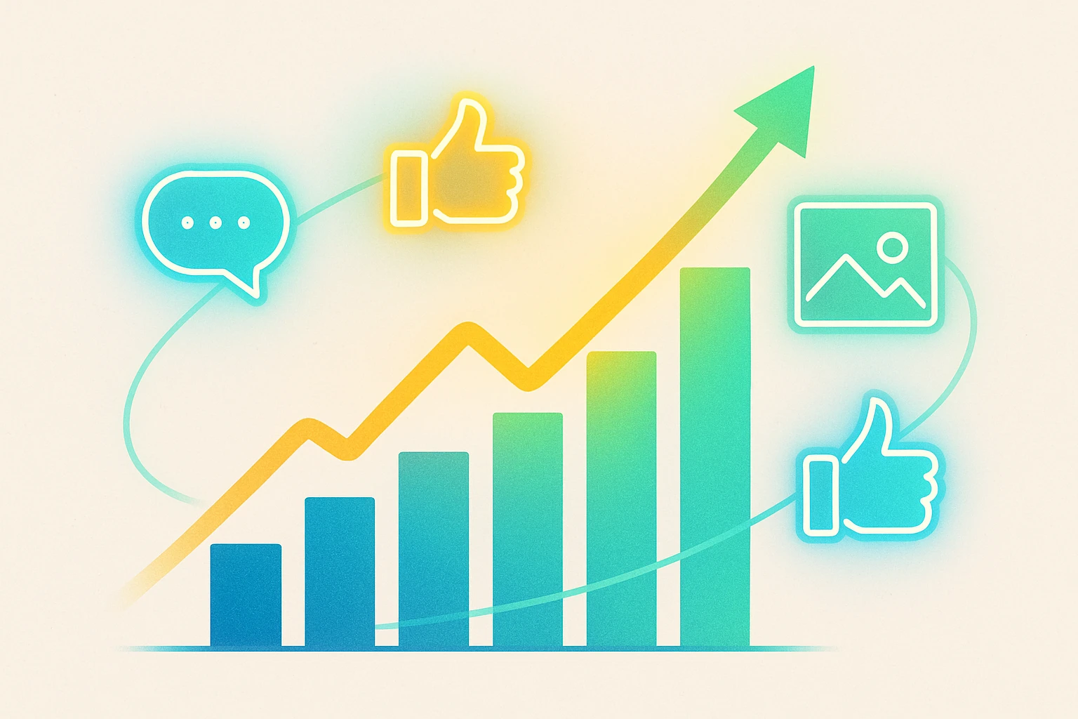 Creation by gigaposts: Graphic design illustration featuring a bright, upward trending financial graph intertwined with glowing, abstract icons representing social media engagement (like chat bubbles, thumbs-up, simplified photo symbols). The overall aesthetic should be clean, modern, and optimistic, using a palette of blues, greens, and perhaps a touch of gold against a neutral background. No direct brand logos.