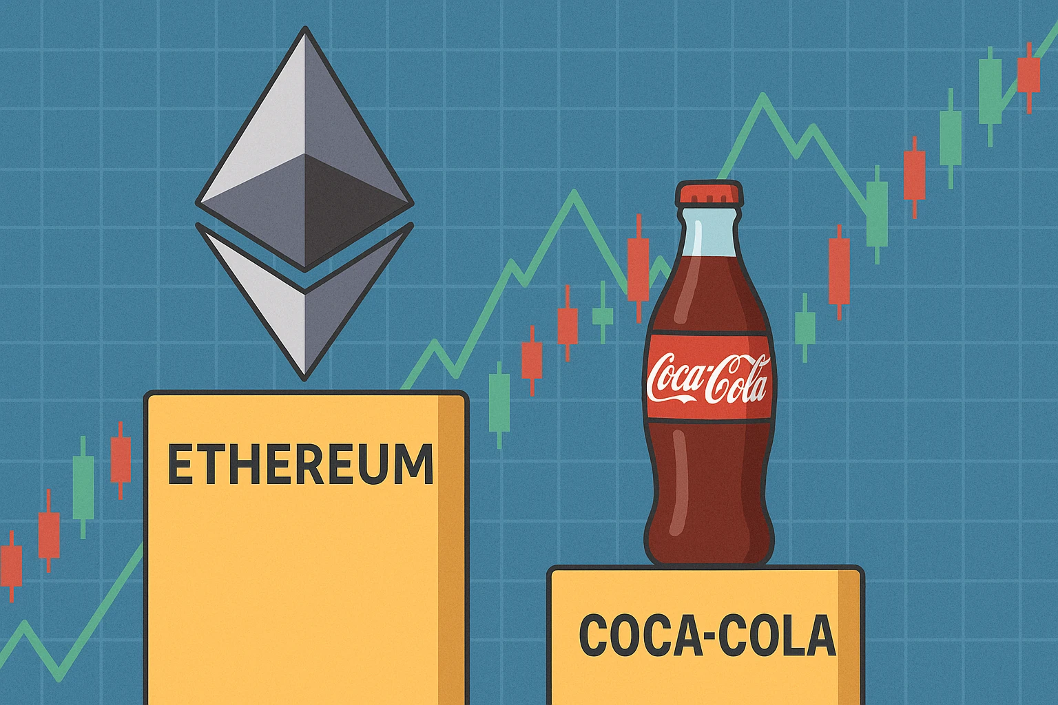 Creation by swoon: 이더리움과 코카콜라가 등장하는 일러스트를 그려야합니다. 둘 다 발판 위에 놓여있지만 이더리움이 더 높은 발판에 놓여집니다. 배경은 주식 그래프, 가로형 이미지로 생성