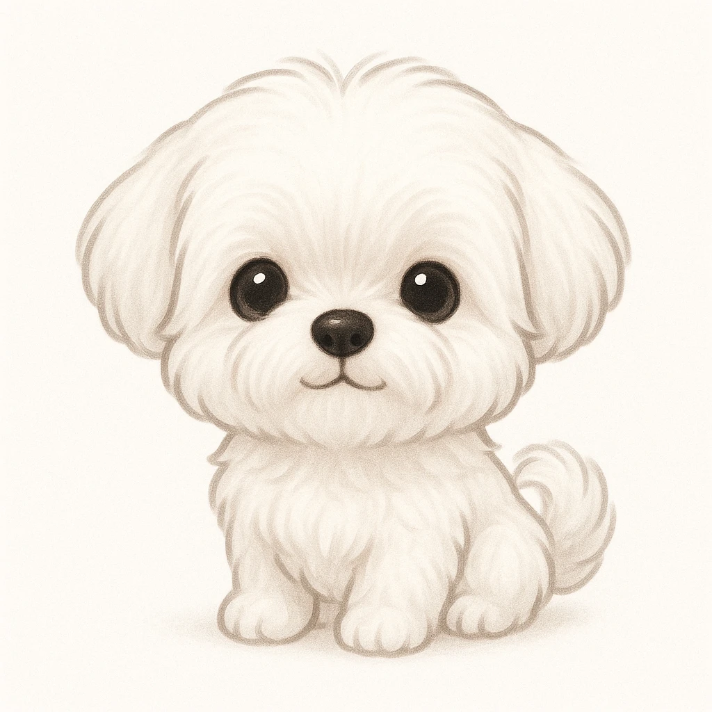 Creation by creationbyai: Adorable Maltese illustration, sd character, white background
