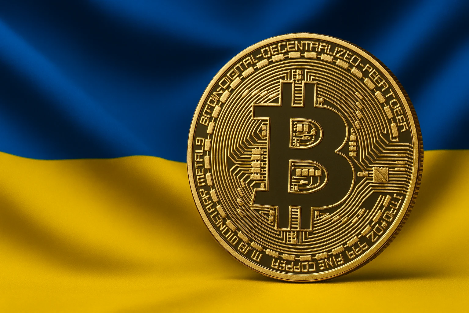 Creation by gigaposts: A striking close-up photograph features a gold Bitcoin hovering against the vibrant backdrop of the Ukrainian flag. The sharp details of the embossed coin, with its distinctive 'B' and radial pattern, contrast beautifully with the blue and yellow hues of the flag, captured with a balanced and focused composition.