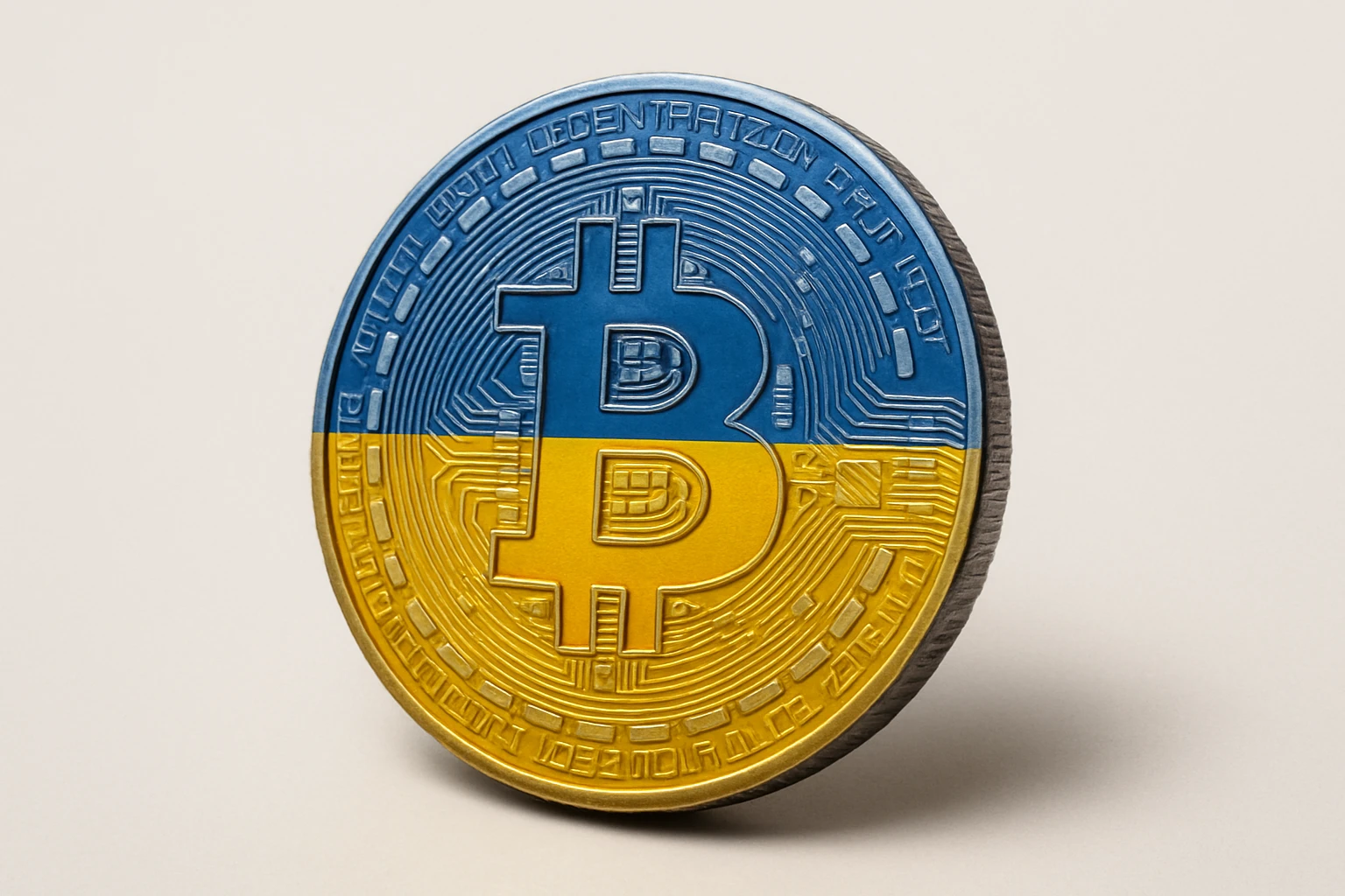Creation by swoon: A realistic digital illustration of a physical Bitcoin coin, featuring a metallic surface designed in the colors of the Ukrainian flag: vibrant blue on the upper half and bright yellow on the lower half. The coin includes intricate circuit-like engravings and the Bitcoin logo at the center. It is slightly angled for depth, casting a soft shadow on a clean white or neutral background. Horizontal layout, isolated with no text or packaging.