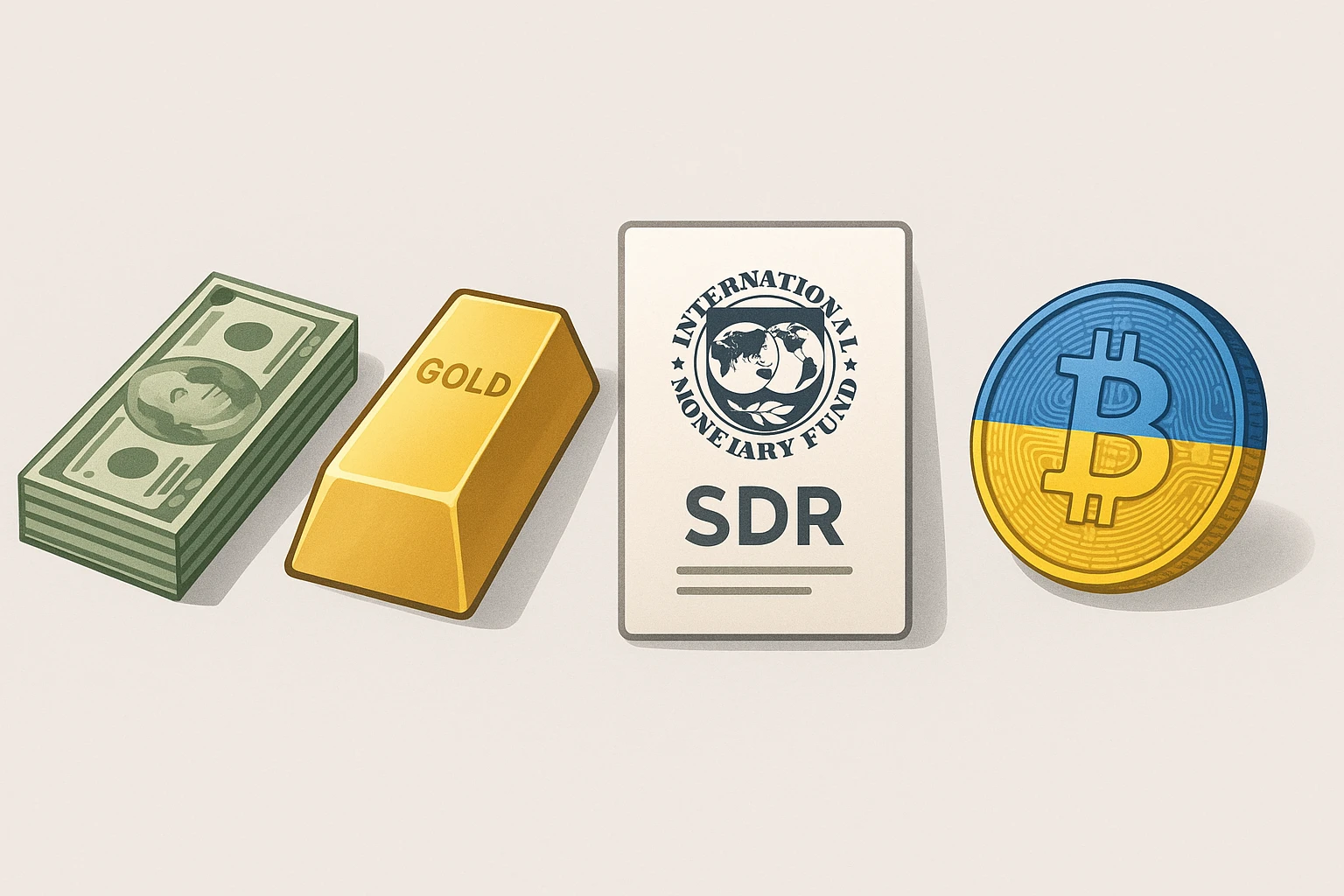 Creation by 제트라이브: A horizontal digital illustration showing various national reserve assets arranged in a clean, symbolic layout. From left to right: a stack of US dollar banknotes, a bar of gold, the IMF SDR emblem on a document, and a physical Bitcoin coin with a metallic surface in Ukrainian flag colors. Each asset is slightly angled for depth, casting soft shadows on a neutral background. The overall tone is balanced, professional, and modern, with no text or branding.