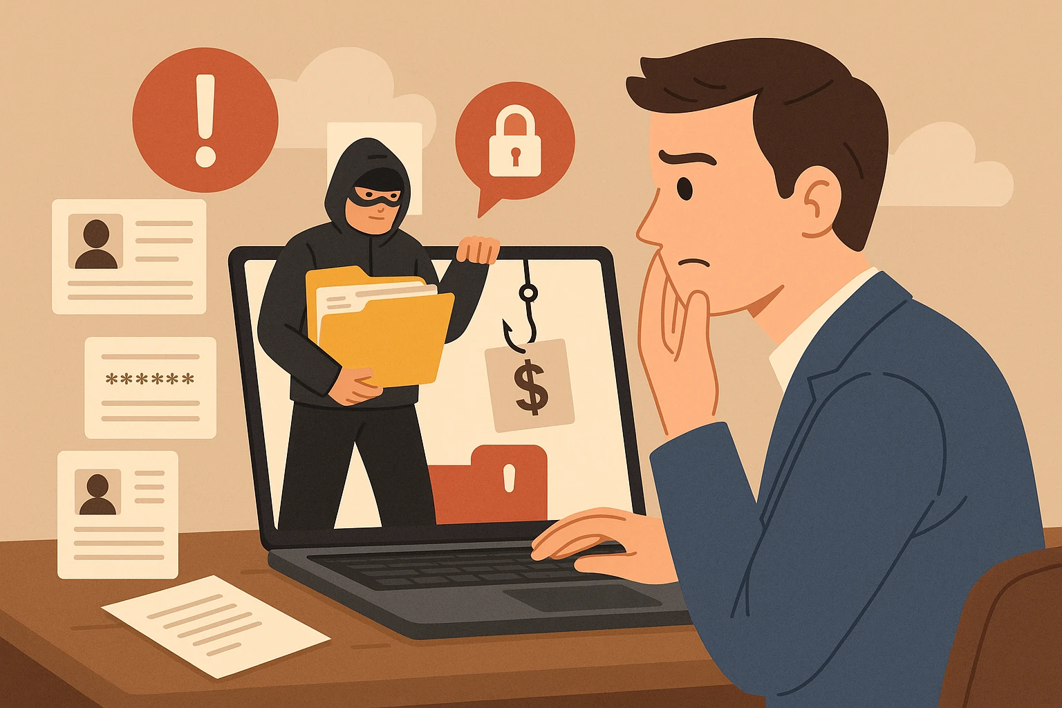 Creation by swoon: A digital illustration in flat style shows a Caucasian man with dark hair sitting at a desk, visibly worried as he stares at his laptop screen, where a hacker displaying personal data theft is visible. The scene combines floating documents, a large red exclamation symbol, and a hacker wearing a black hoodie, with the overall composition emphasizing tension through warm tones and sharp contrasts.