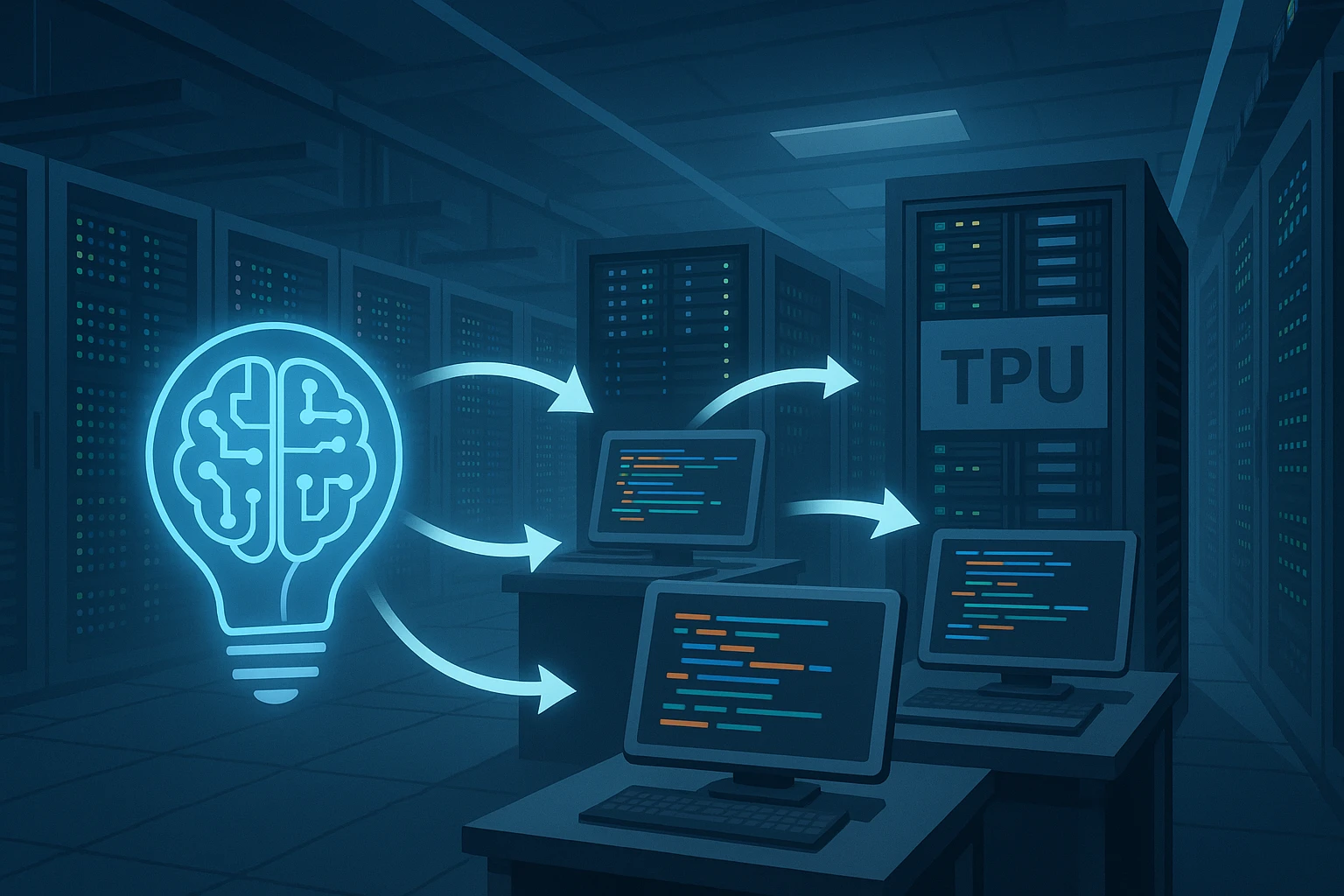 Creation by 기가포스트: This digital illustration showcases a futuristic data center where artificial intelligence navigates an evolutionary search process. The scene features a glowing AI icon with intricate circuits, several computer terminals displaying vibrant lines of code, and towering TPU server racks, with a flow of white arrows linking everything, all bathed in cool blue and gray tones that create a sense of high-tech harmony.