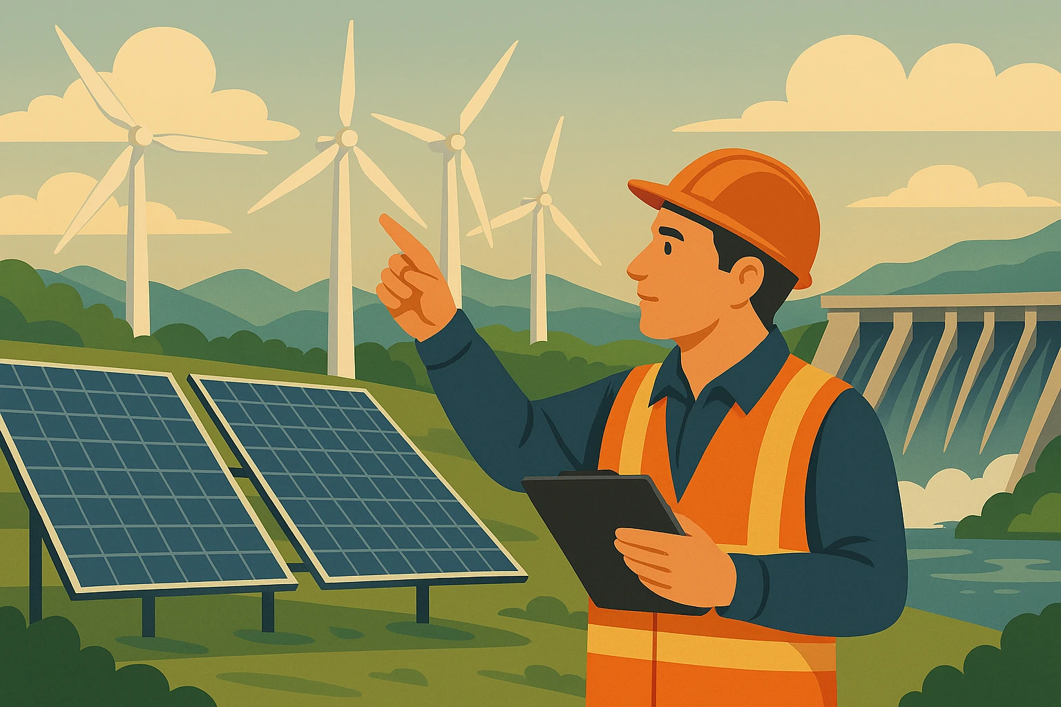 Creation by swoon: A digital illustration of a worker wearing an orange safety vest and helmet, holding a clipboard and pointing toward renewable energy infrastructure. The scene includes solar panels, wind turbines, and a hydroelectric dam in the background. The landscape features green rolling hills and distant mountains under a partly cloudy sky. The image has a warm, stylized color palette with an illustrated.