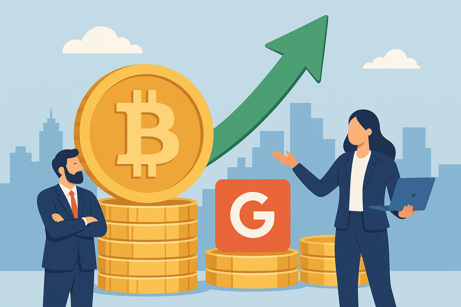 Creation by swoon: This digital illustration contrasts Bitcoin and Google in financial terms, set against a minimalist city skyline. It features a golden Bitcoin coin, a green upward arrow, a red-orange Google logo, and two business professionals—one man in a suit and one woman holding a laptop—placed among stacks of gold coins and simple geometric shapes.
