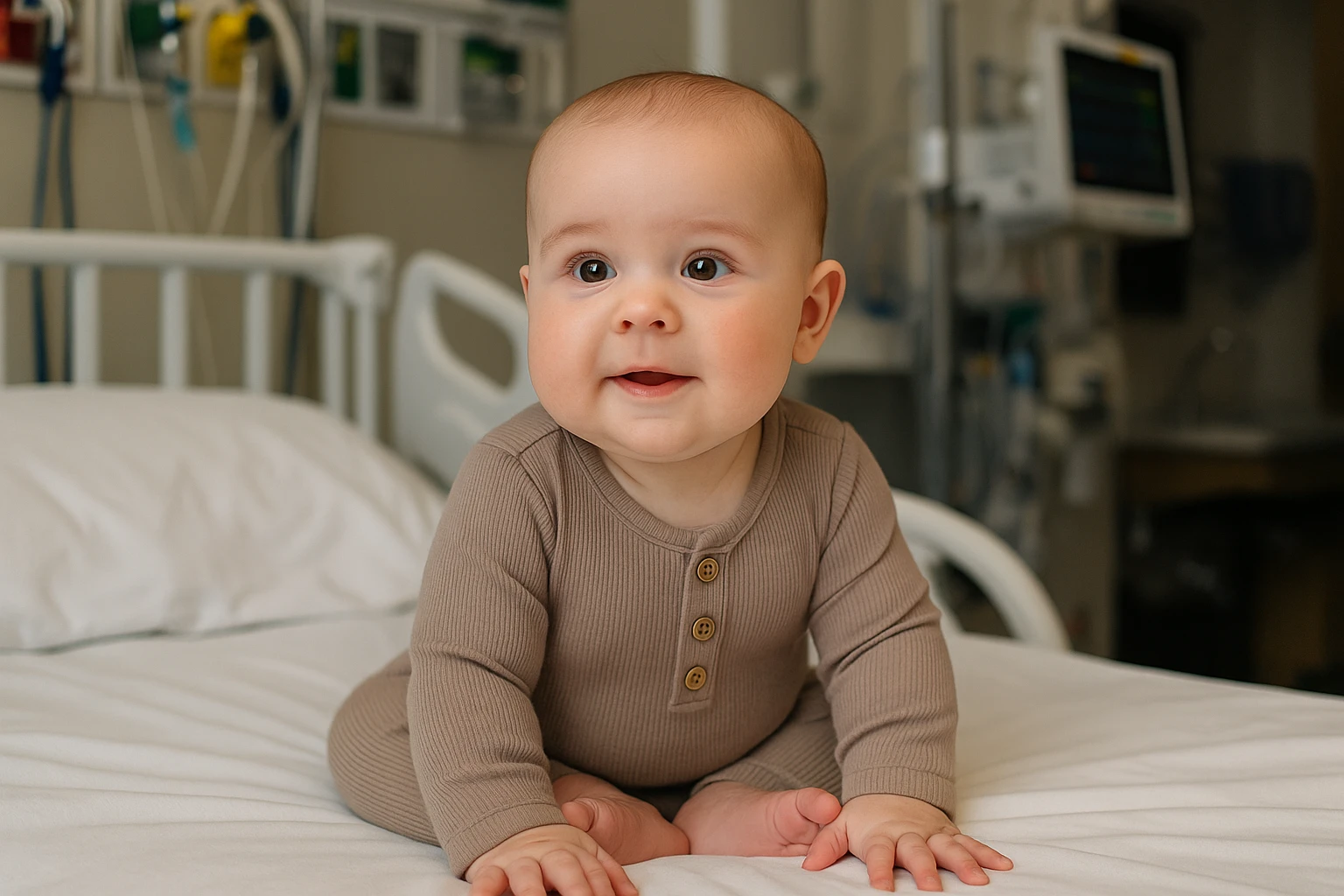 Creation by 기가포스트: The image features a close-up of a six to nine-month-old baby with fair skin, sitting on a hospital bed, dressed in a light brown onesie. The scene is softly lit, highlighting the baby's joyful expression, while various medical equipment in the background is subtly blurred, creating a contrast between the child’s warmth and the cool, neutral tones of the setting.